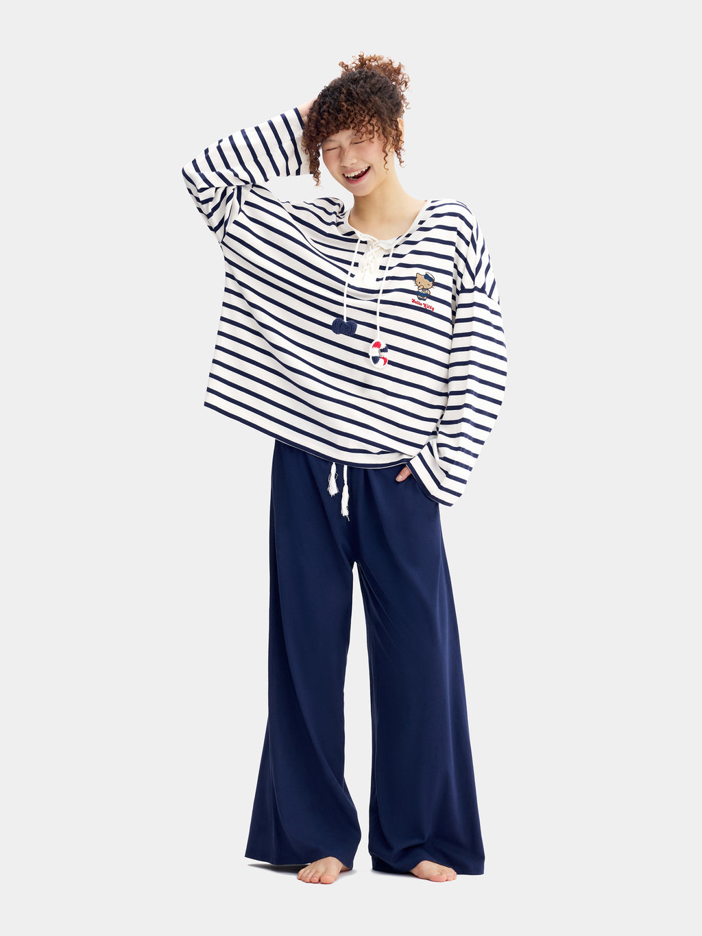 "Hello Kitty" Jersey Breton Stripe Loungewear Set Long Sleeve – Blue & White