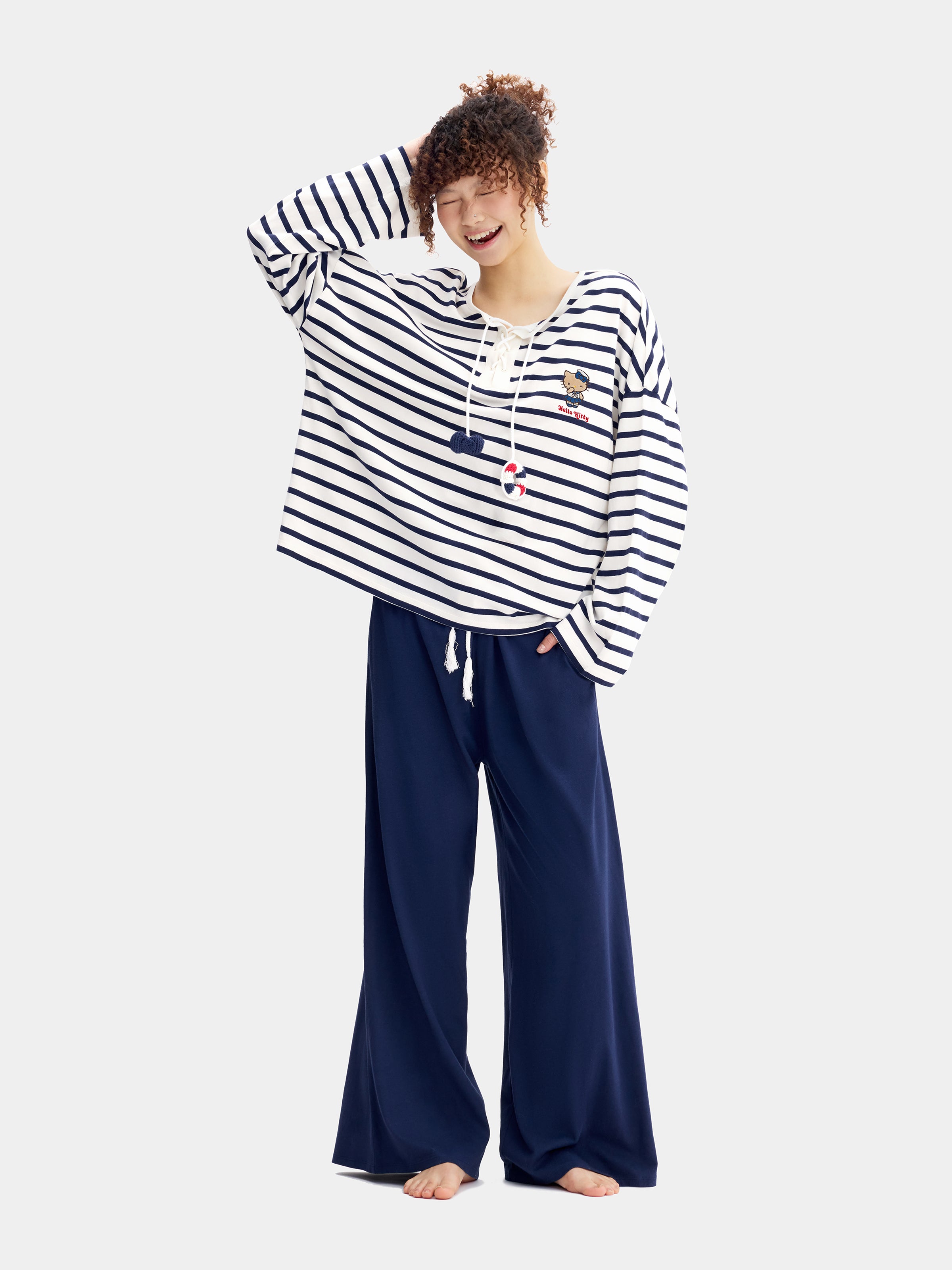 "Hello Kitty" Jersey Breton Stripe Loungewear Set Long Sleeve – Blue & White