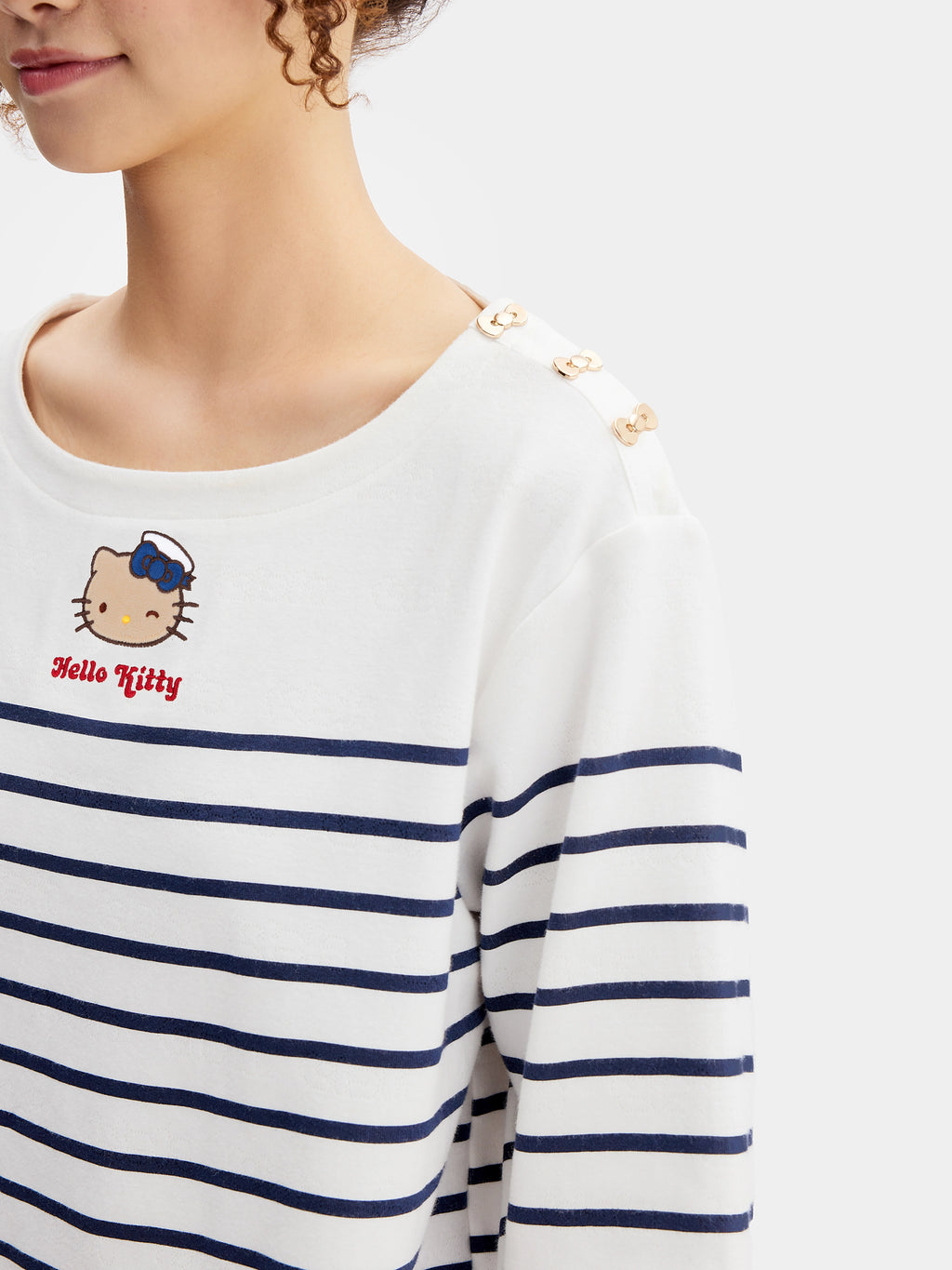 "Hello Kitty" Stretch Cotton Jersey Breton Stripe Loungewear Set Boat Neck Short Sleeve