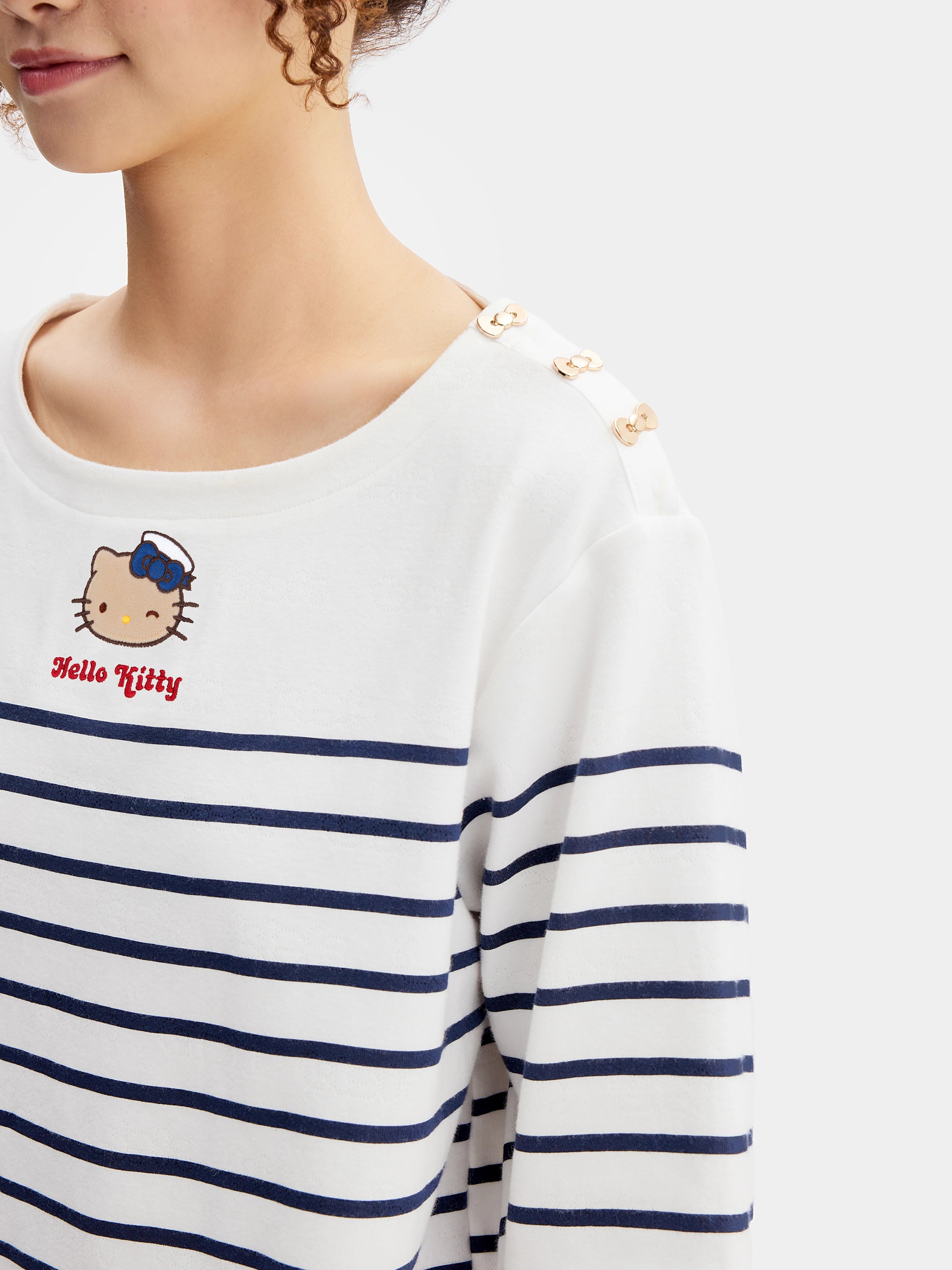 "Hello Kitty" Stretch Cotton Jersey Breton Stripe Loungewear Set Boat Neck Short Sleeve