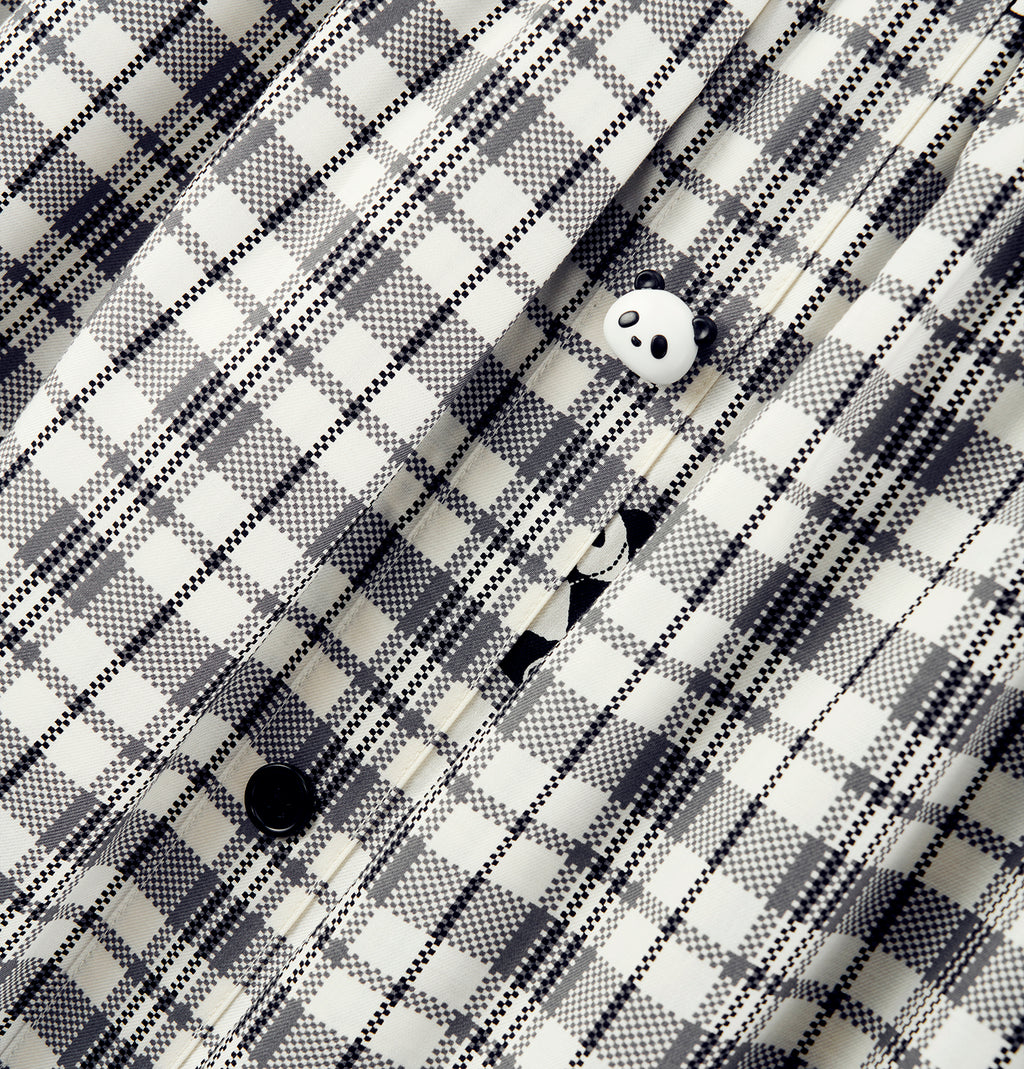 "Panda PomPom" Tencel Cotton Blend Spaghetti Strap Top & Shorts Pajama Set – Black Grid