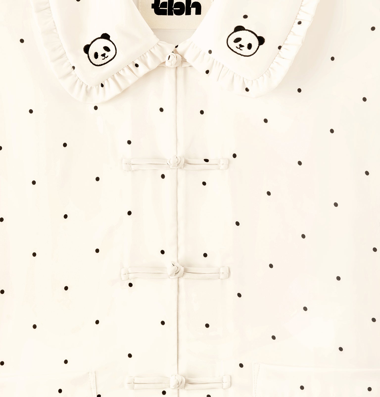 "Panda PomPom" Chinese-Style Satin Loungewear Set – White Polka Dot