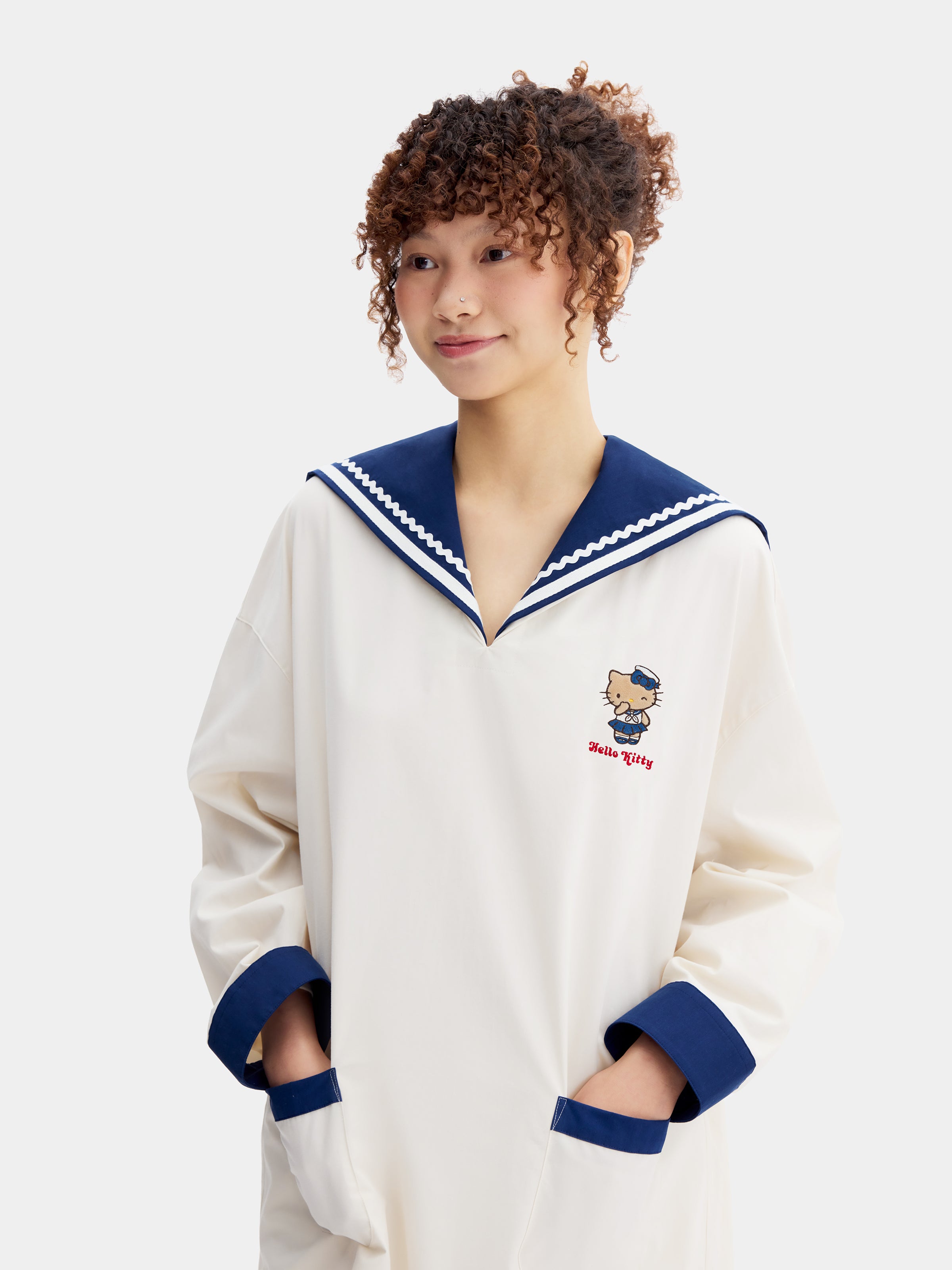 "Hello Kitty" Cotton Sailor Collar Long Sleeve Nightgown