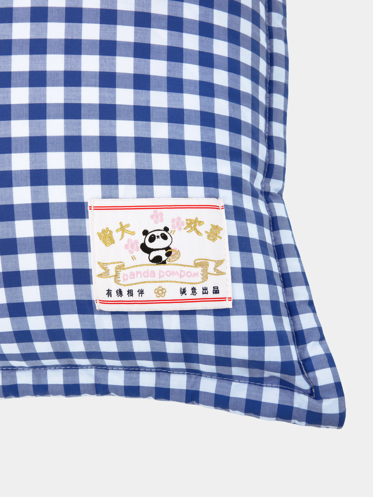 "panda pompom" Pankou Cushion – Blue Gingham