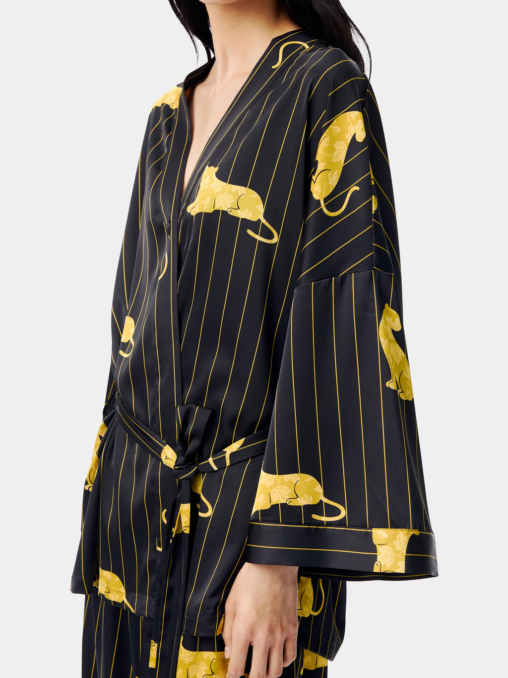 "Urban Jungle" Black Panther Satin Loungewear Set Robe & Pants – Dark Gold