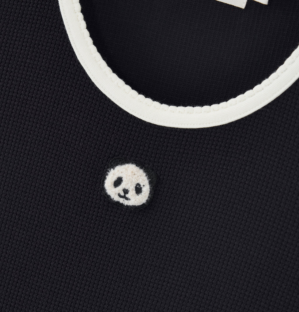 "Panda PomPom" Waffle Checks Nightgown – Black