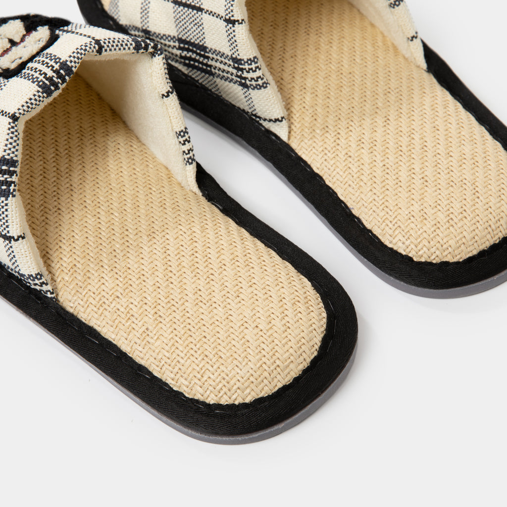 "Panda PomPom" Woven Slippers – Black Grid