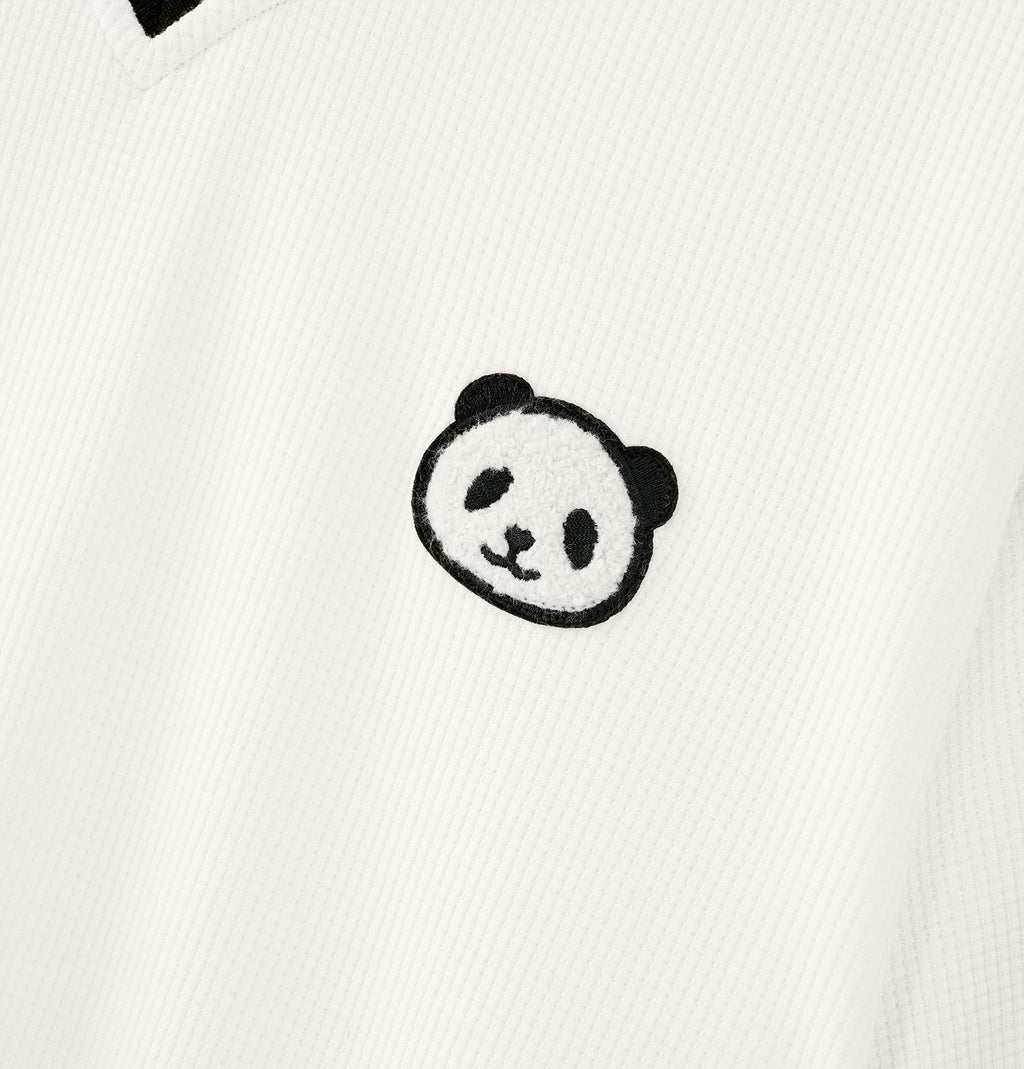 "Panda PomPom" Waffle Checks Polo Collar Nightgown – Cream White