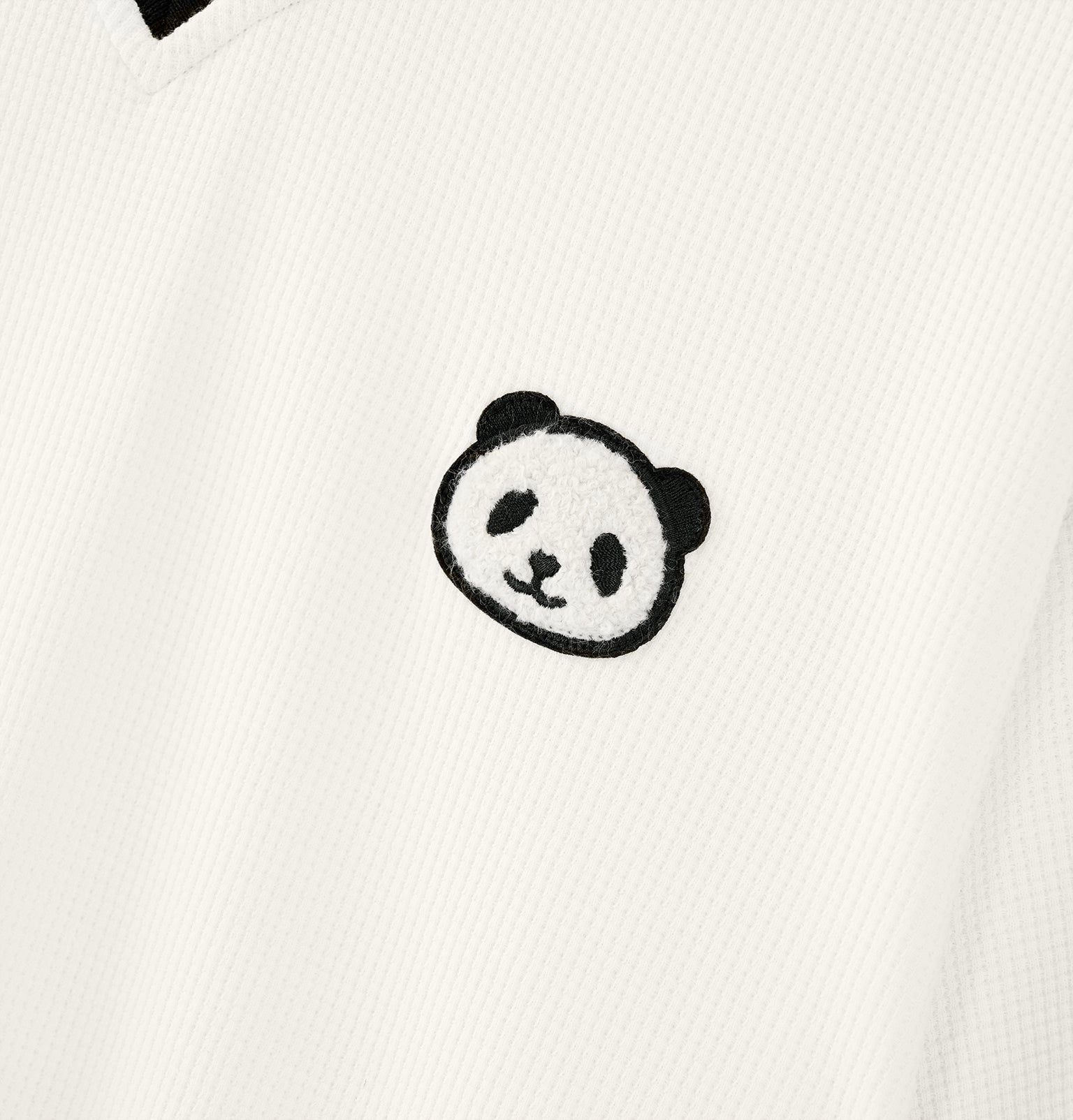 "Panda PomPom" Waffle Checks Polo Collar Nightgown – Cream White