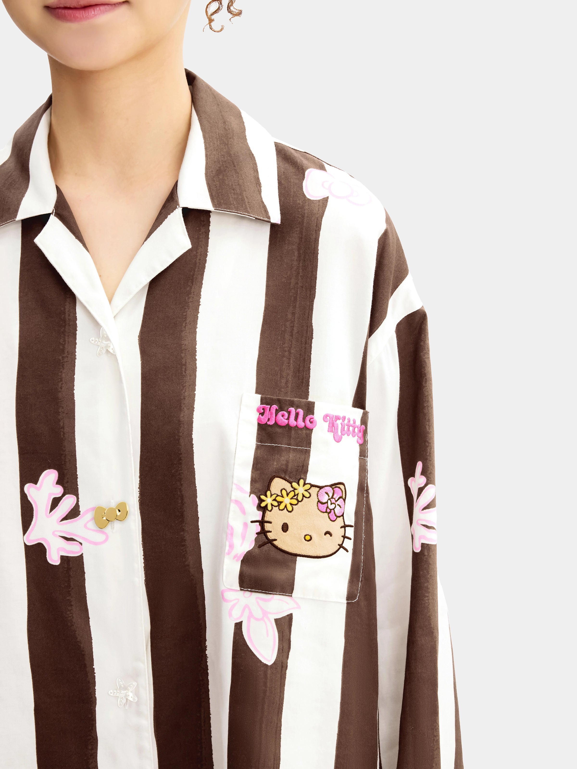 "Hello Kitty" Tencel Cotton Blend Loungewear Set Long Sleeve – Coconut Brown