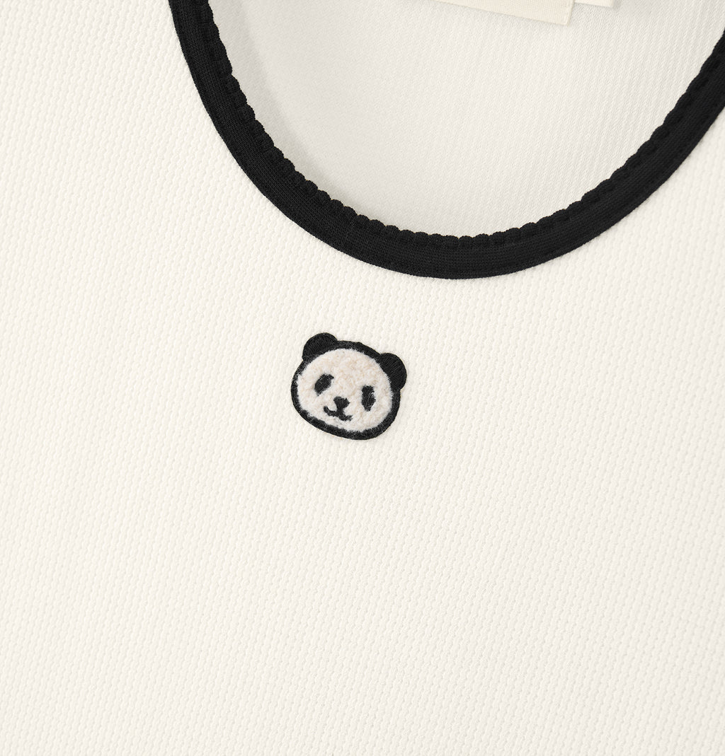 "Panda PomPom" Waffle Checks Nightgown – Cream White