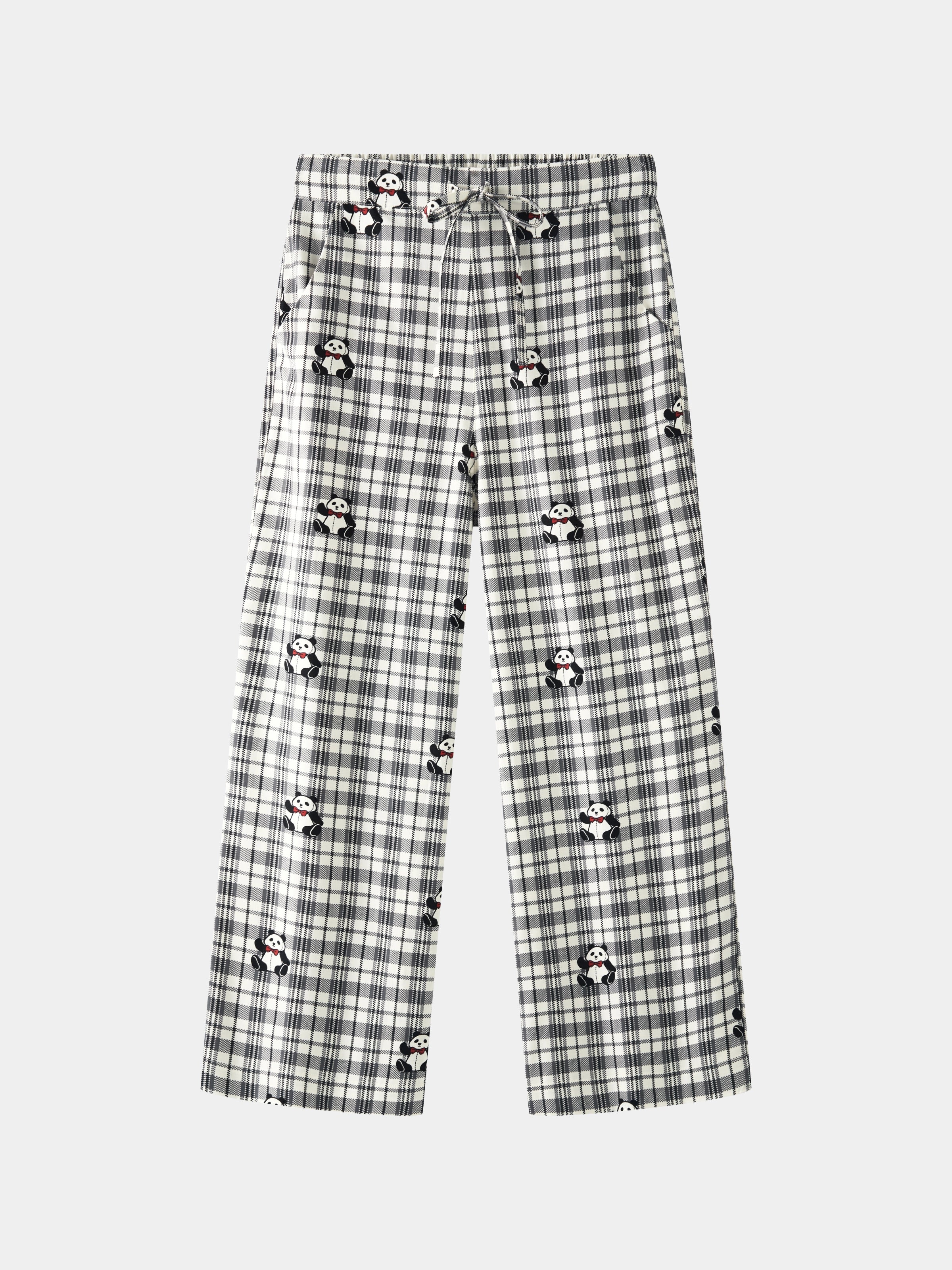 "Panda PomPom" Tencel Cotton Blend Loungewear Set – Black Grid