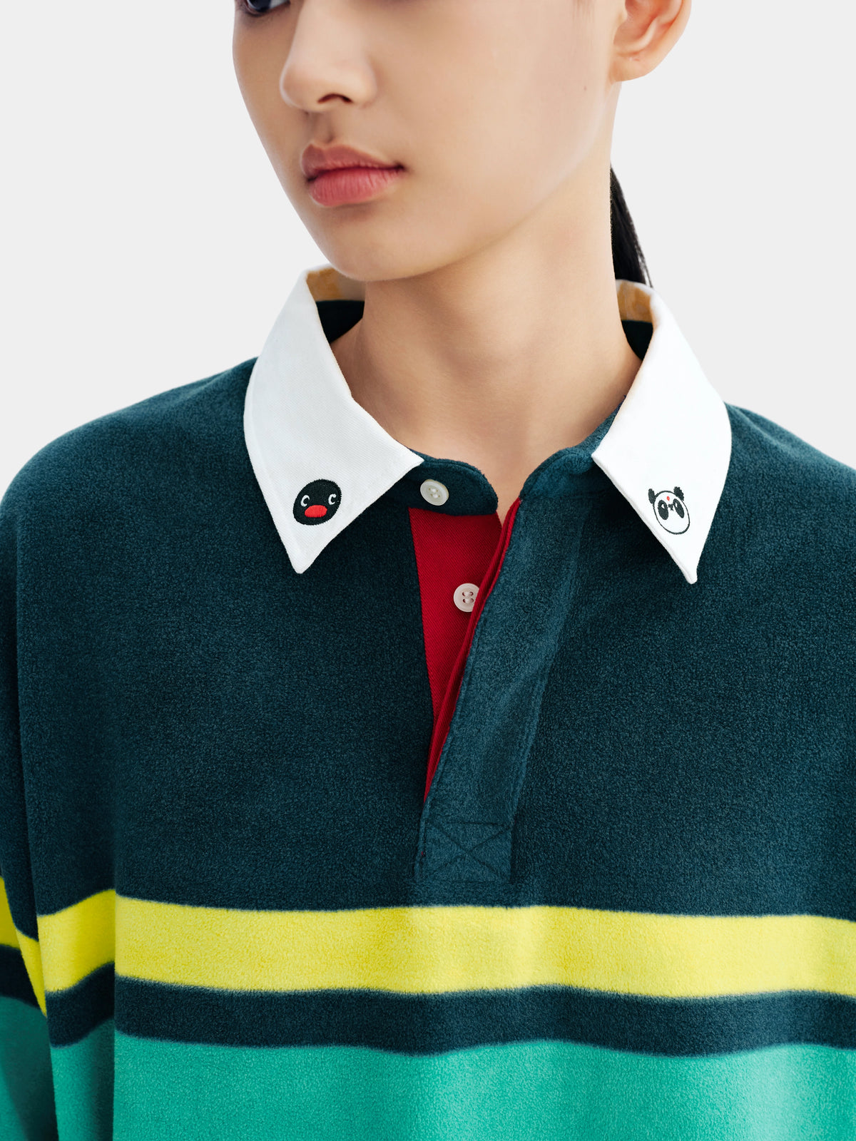PIN!POM! Fleece Polo Loungewear Set-Long Sleeve & Shorts-Yellow & Green Stripes
