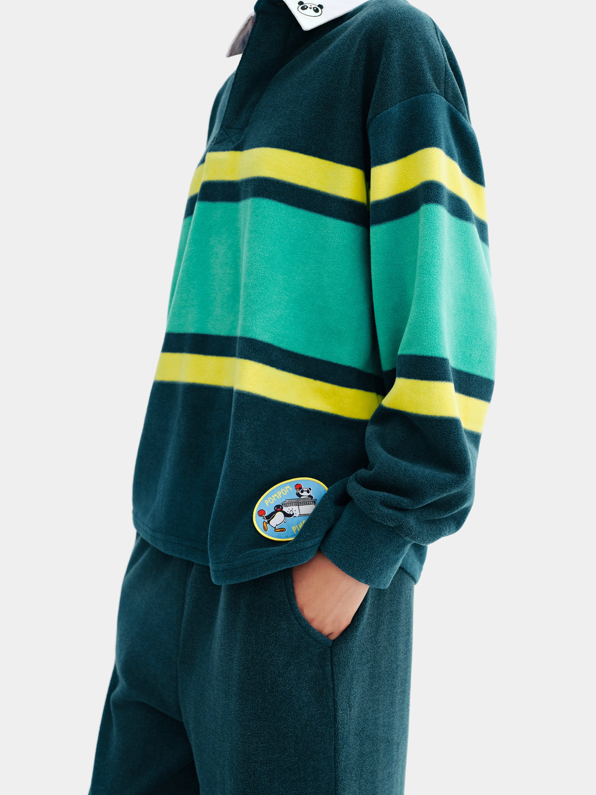 ชุดลำลองเสื้อโปโลผ้าฟลีซ PIN!POM! - แขนยาว - ลายทางสีเหลืองและเขียว