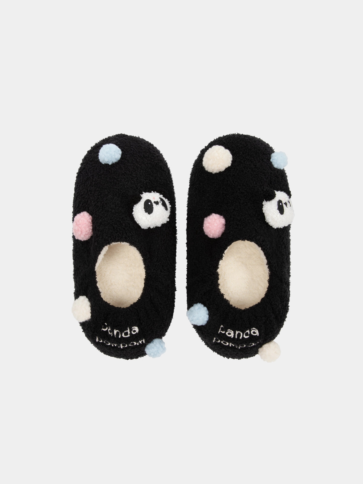 "panda pompom" Fluffy Slippers – Black