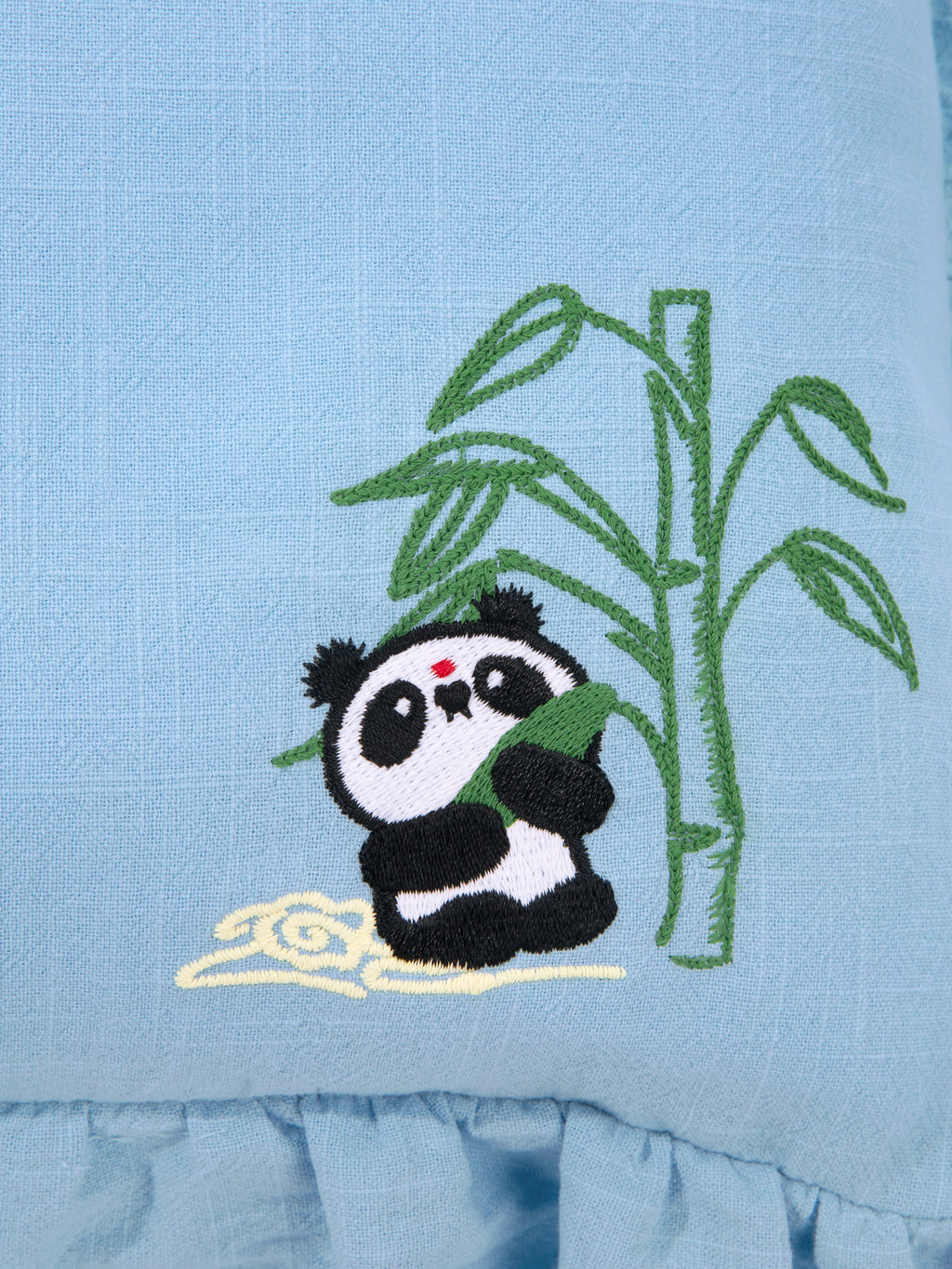 "panda pompom" Embroidered Buckwheat Pillow – Blue