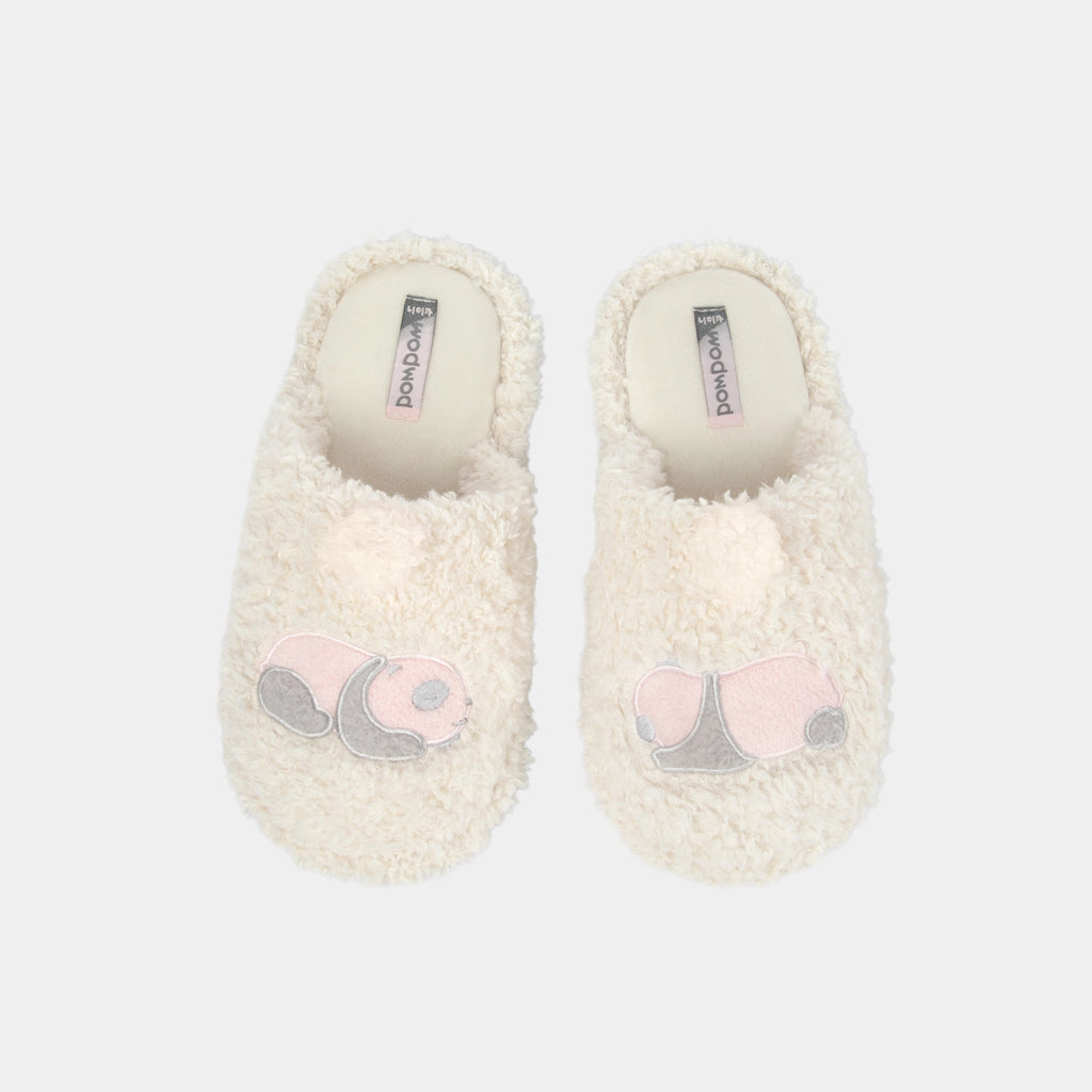 "Panda PomPom" Fluffy Slippers – Cream White