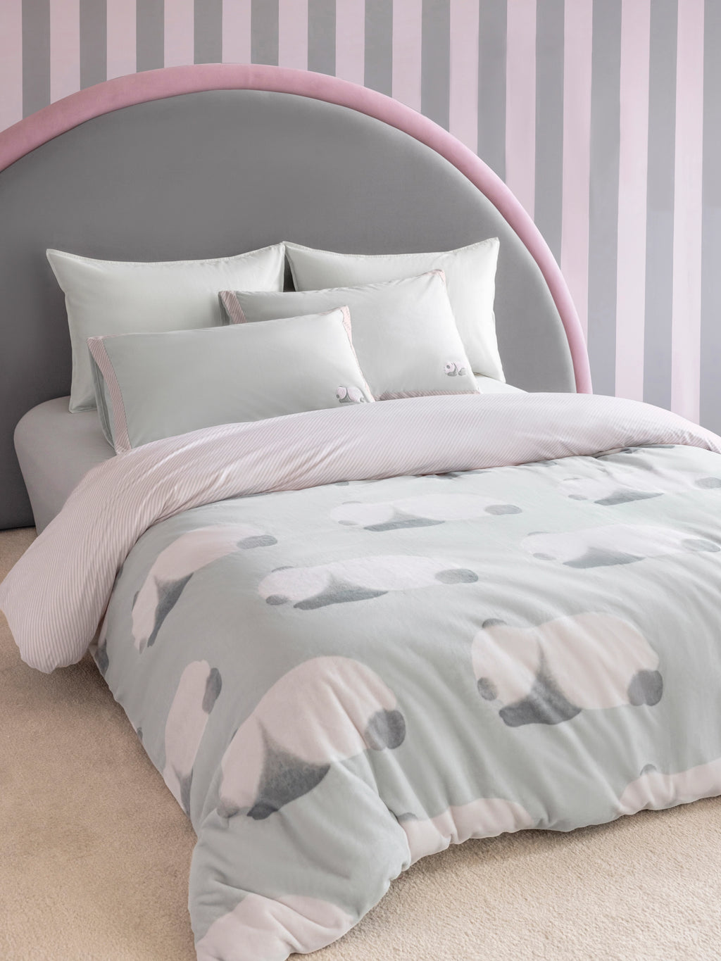 "Panda PomPom" Micro Flannel Bedding Set – Cream White