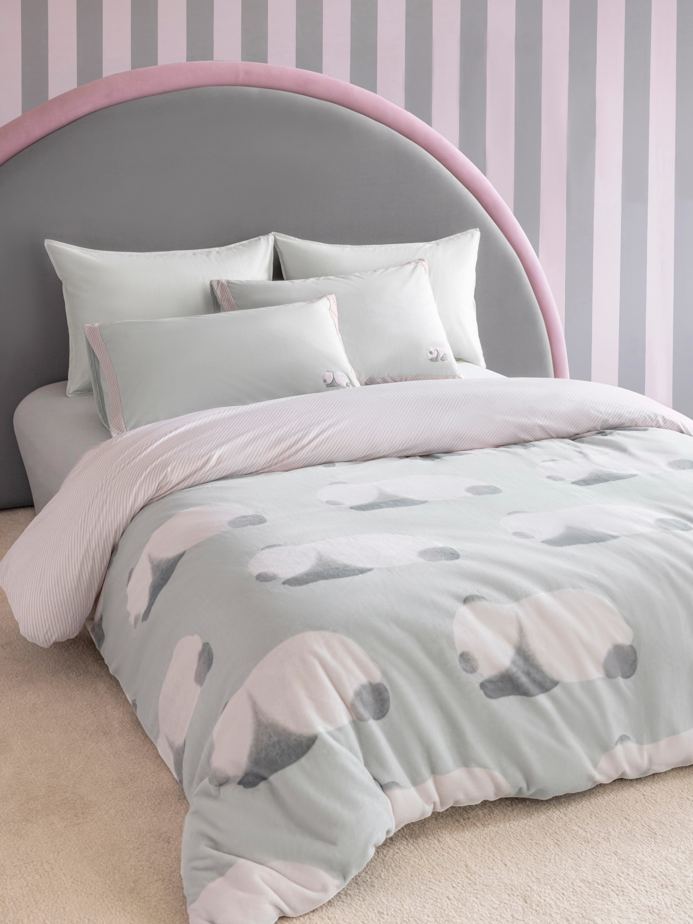 "Panda PomPom" Micro Flannel Bedding Set – Cream White