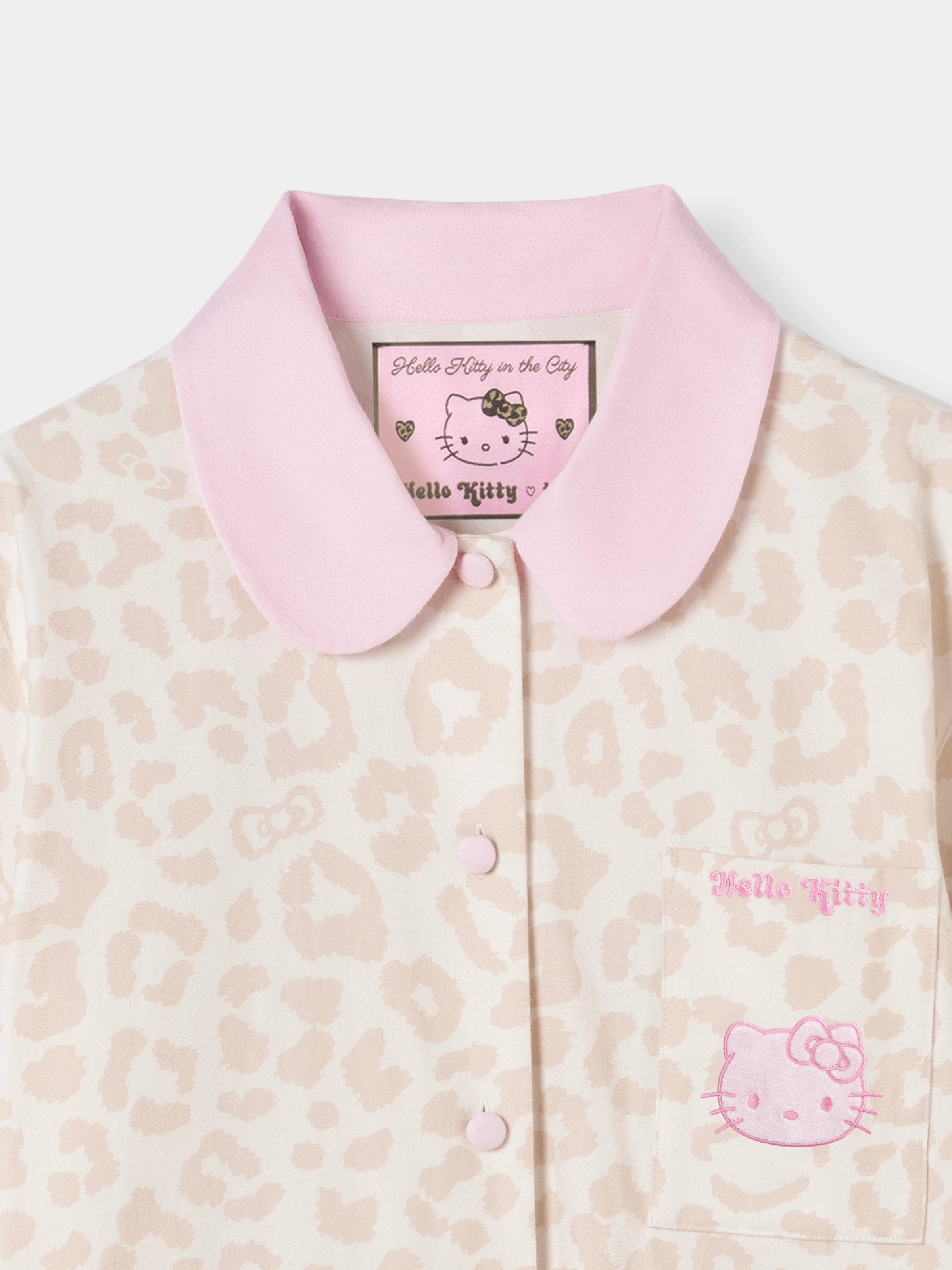 "Hello Kitty" Cotton Flannel Loungewear Set Cream  Leopard