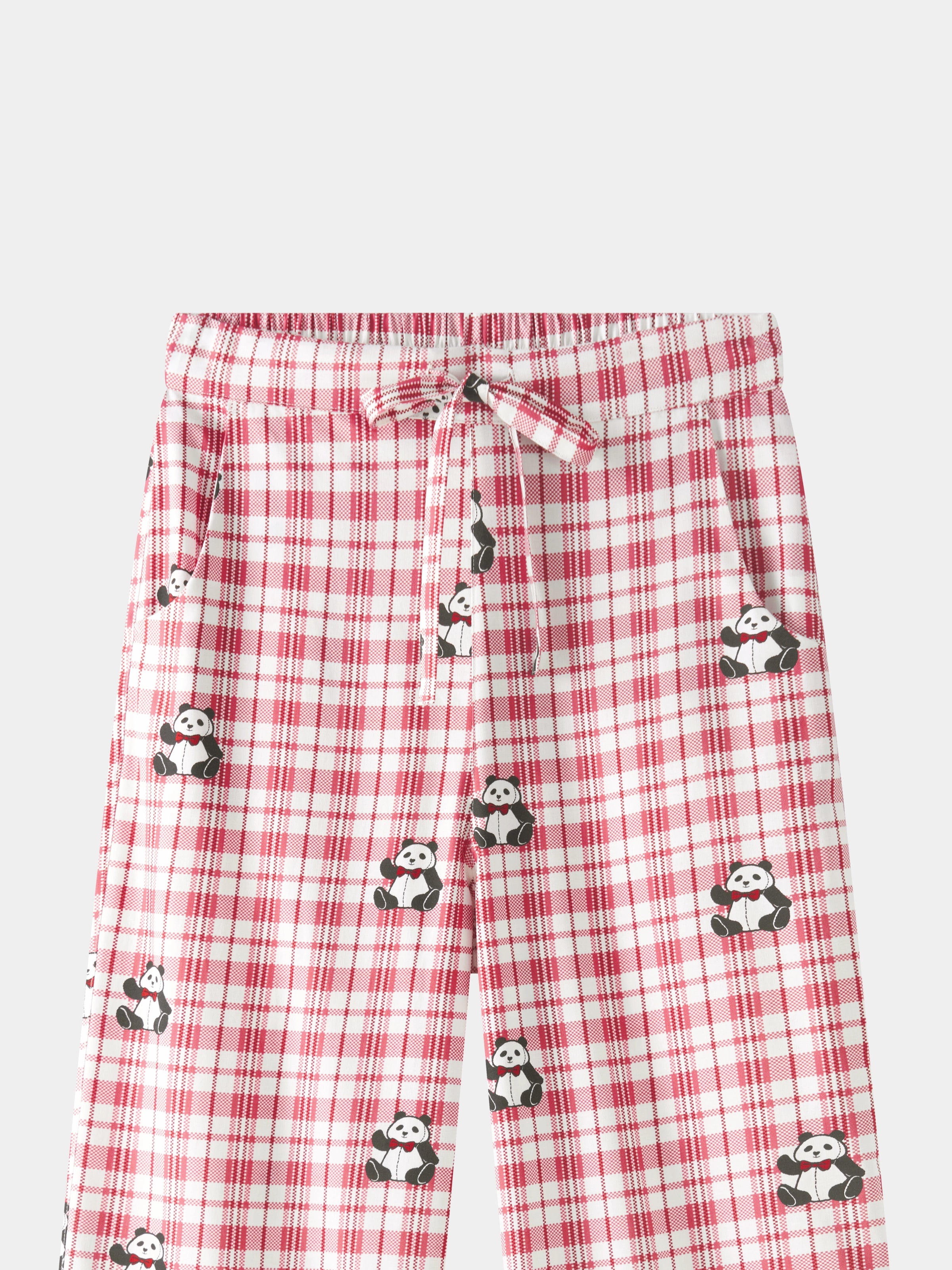 "Panda PomPom" Tencel Cotton Blend Loungewear Set – Red Grid
