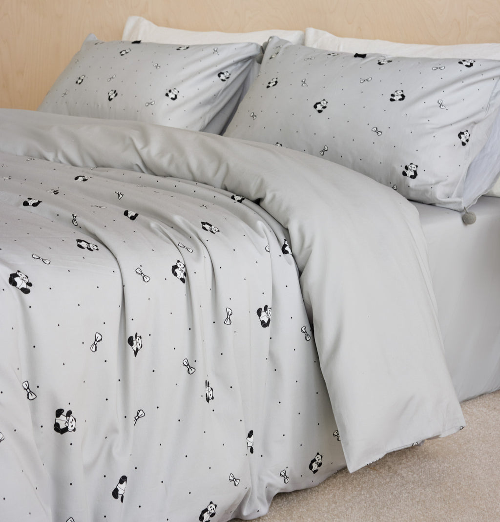 "Panda PomPom"  cotton sateen bedding set Gray