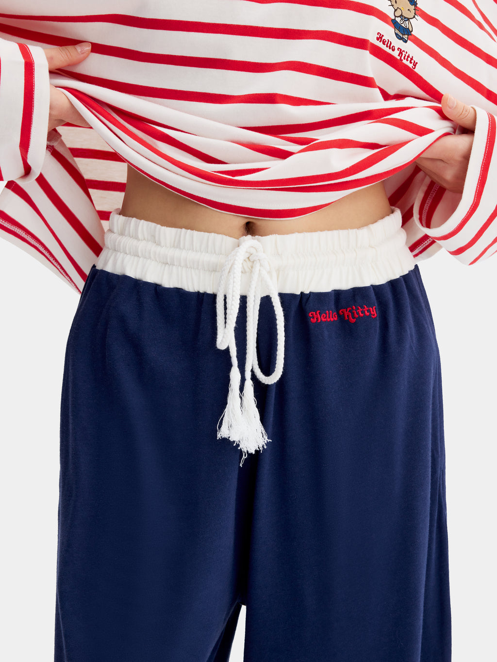 "Hello Kitty" Jersey Breton Stripe Loungewear Set Long Sleeve – Red & White