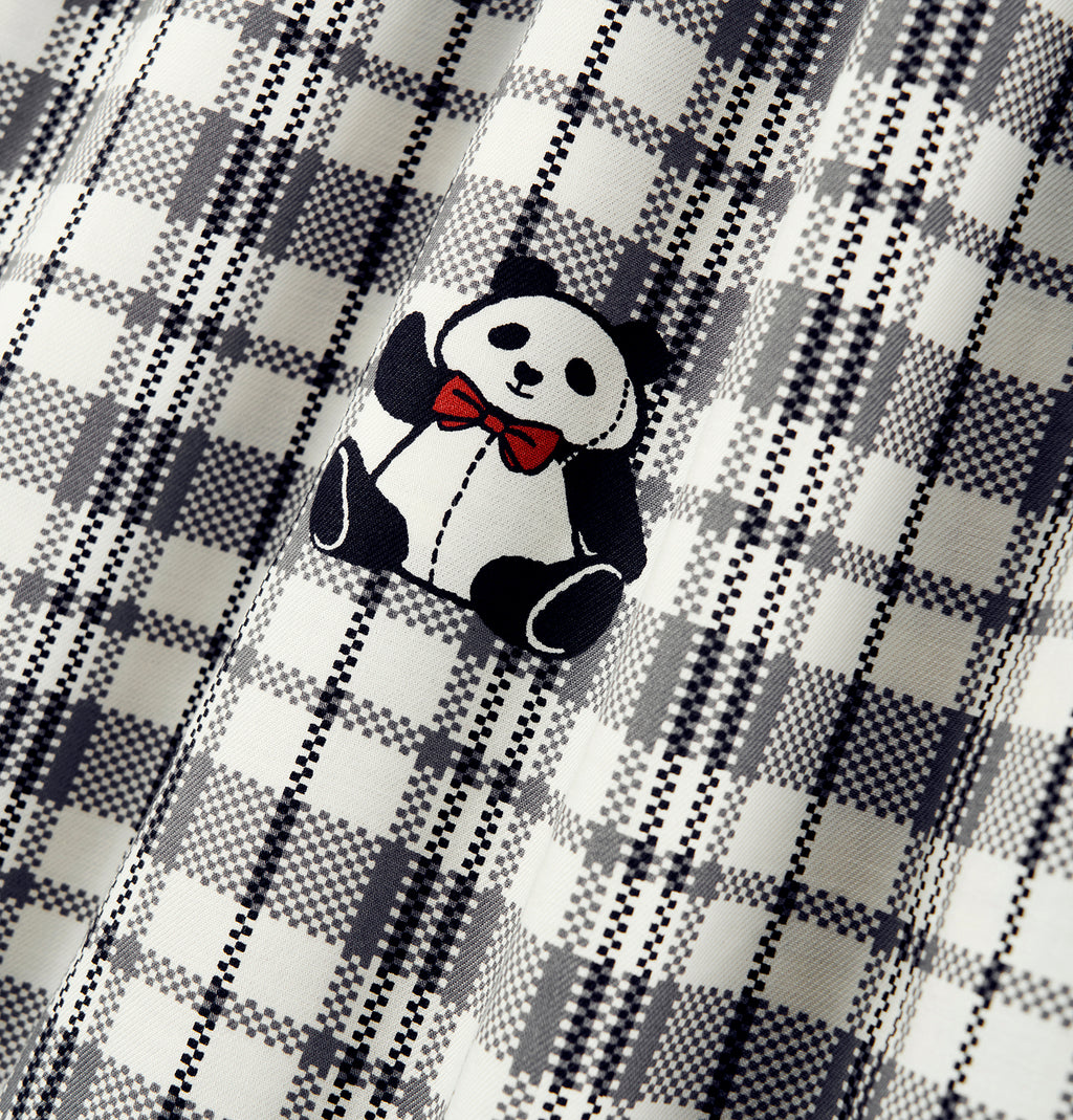 "Panda PomPom" Tencel Cotton Blend Spaghetti Strap Top & Shorts Pajama Set – Black Grid