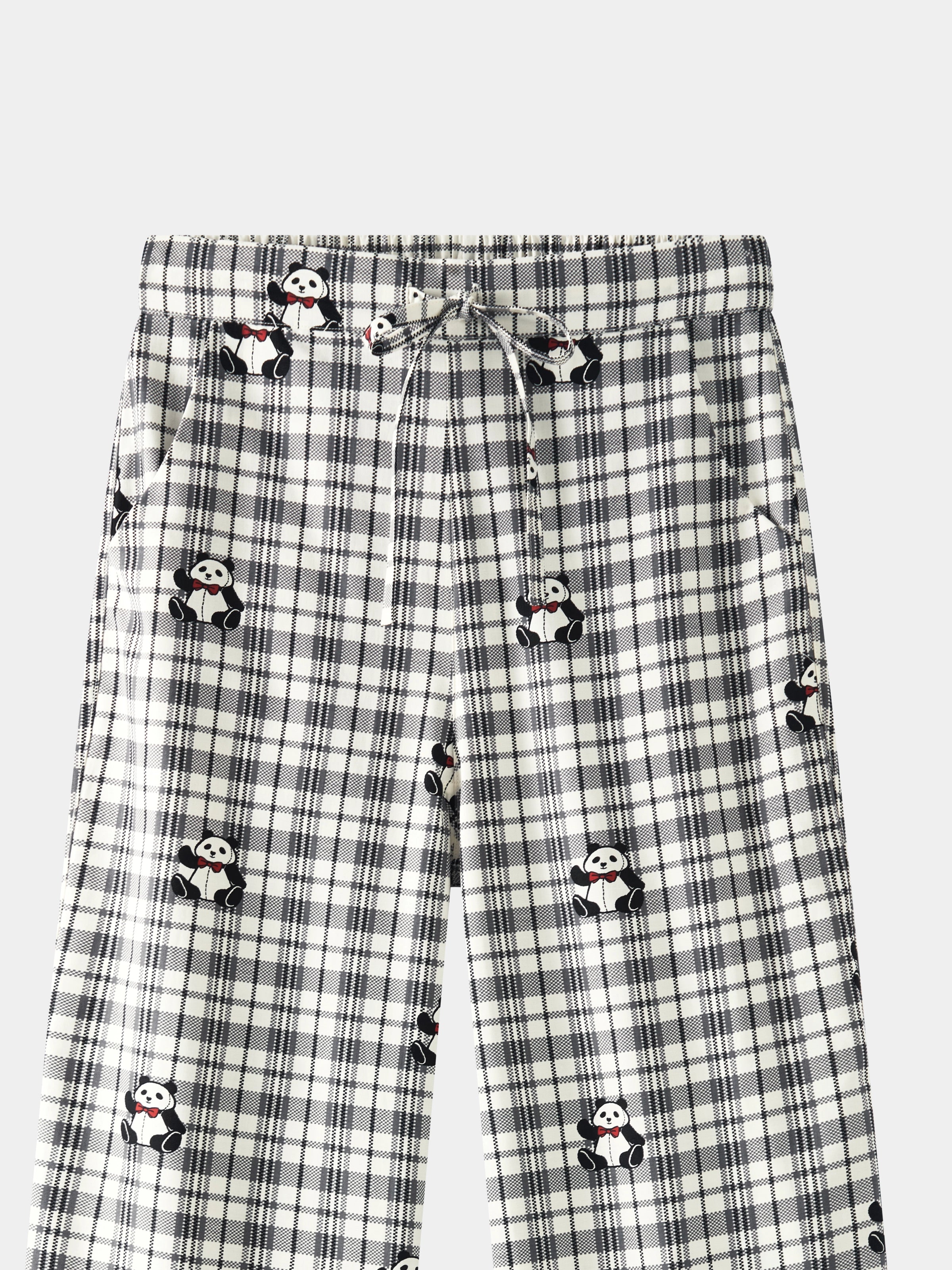 "Panda PomPom" Tencel Cotton Blend Loungewear Set – Black Grid