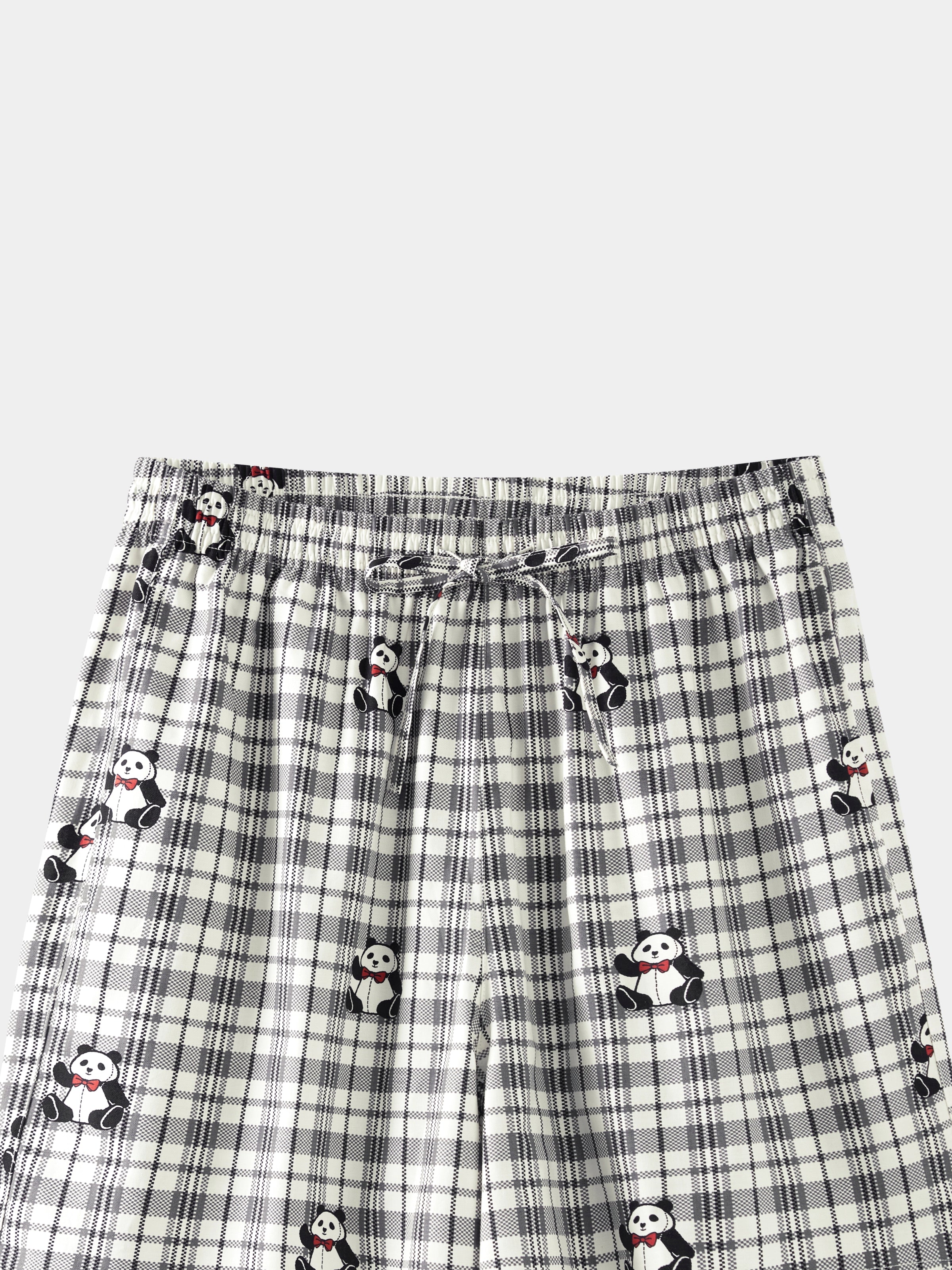 "Panda PomPom" Tencel Cotton Blend Short Loungewear Set – Black Grid
