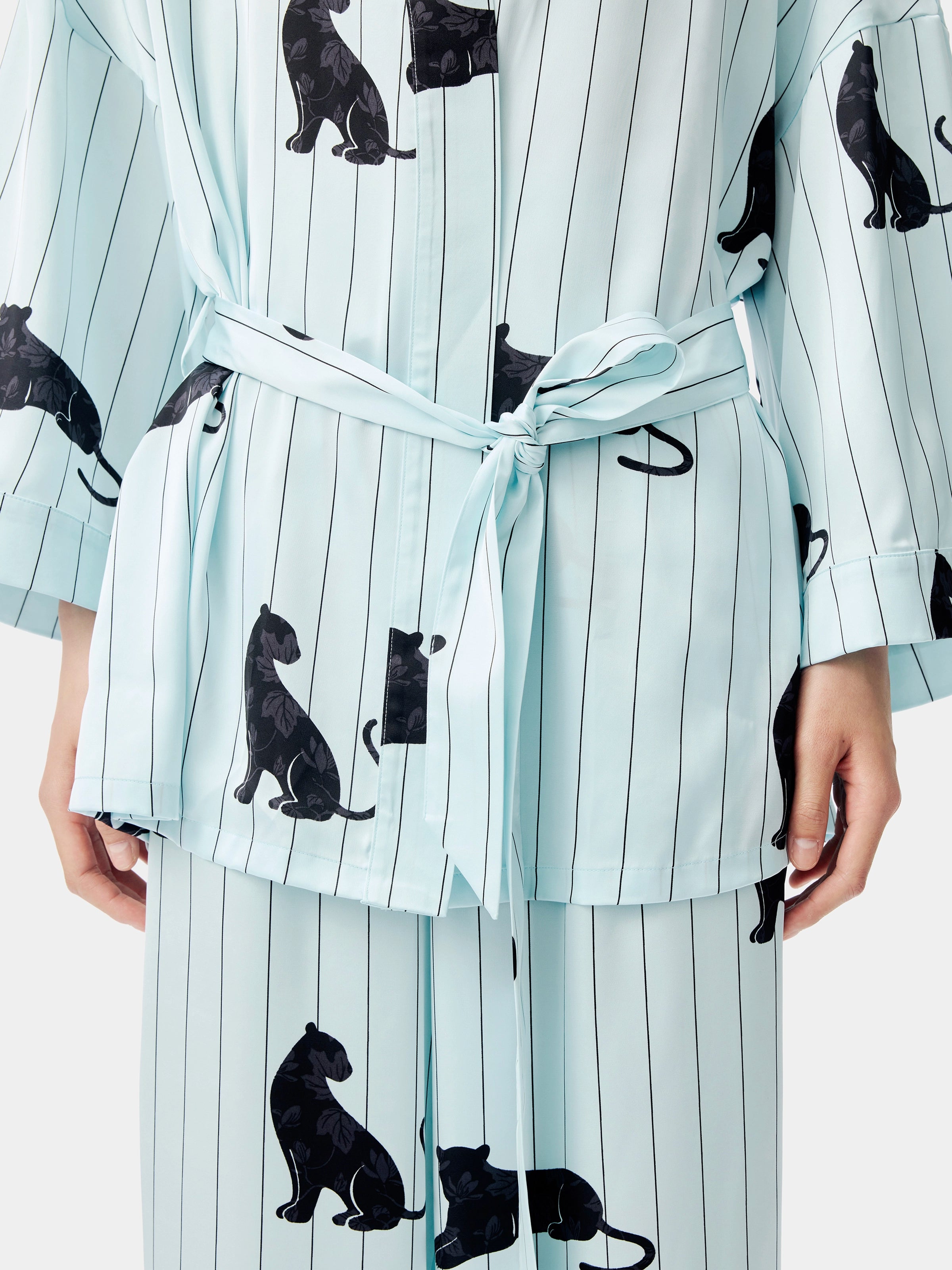 "Urban Jungle" Black Panther Satin Loungewear Set Robe & Pants – Mist Blue