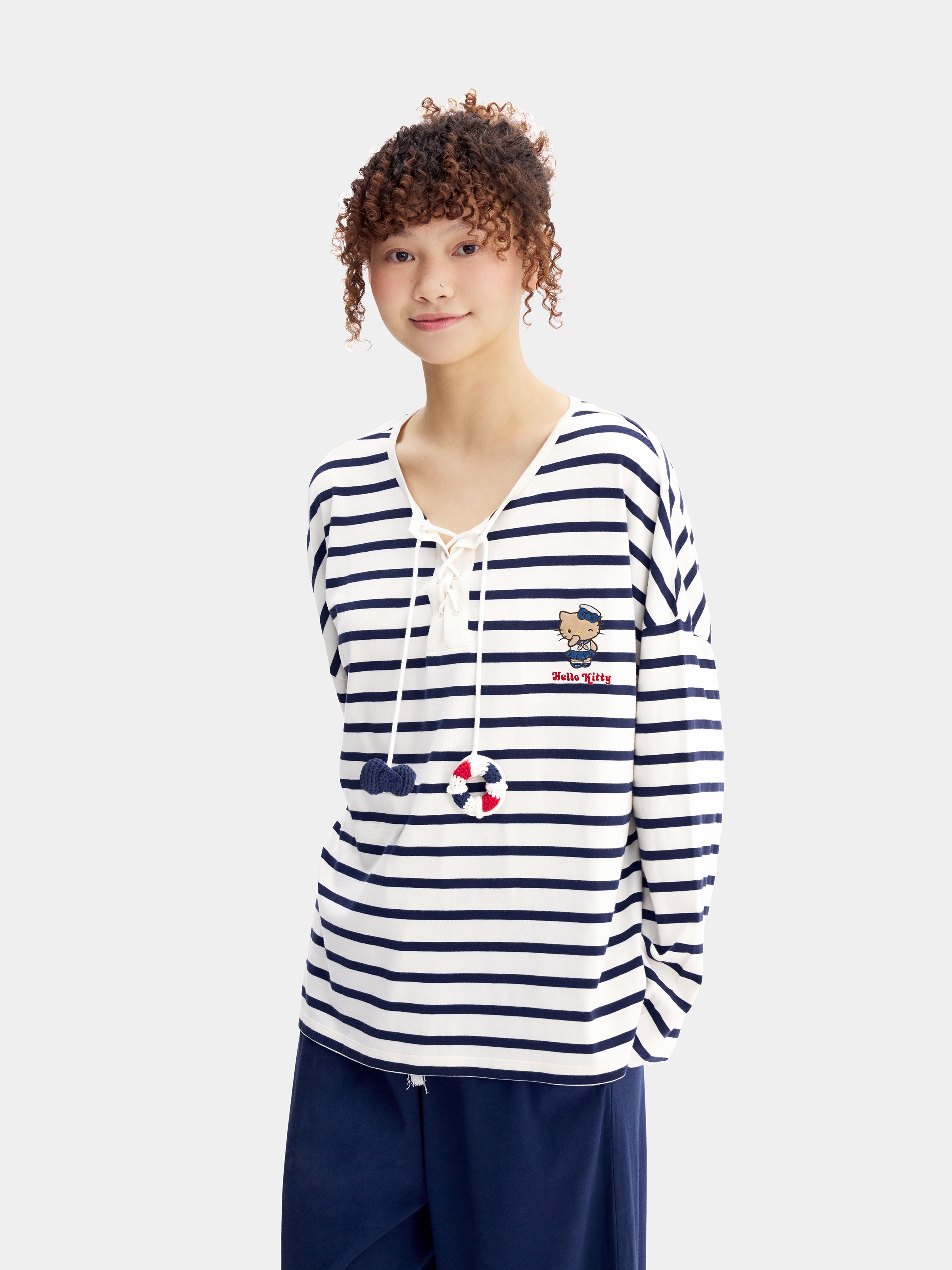 "Hello Kitty" Jersey Breton Stripe Loungewear Set Long Sleeve – Blue & White