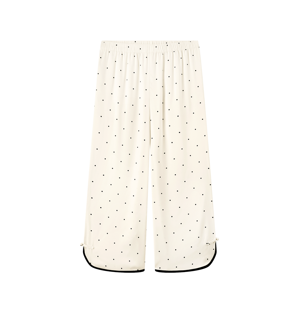 "Panda PomPom" Chinese-Style Satin Loungewear Set – White Polka Dot