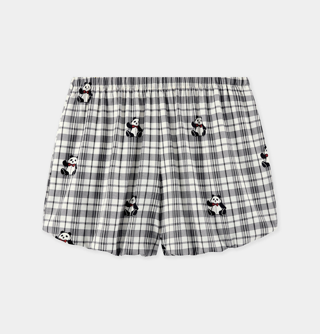 "Panda PomPom" Tencel Cotton Blend Spaghetti Strap Top & Shorts Pajama Set – Black Grid