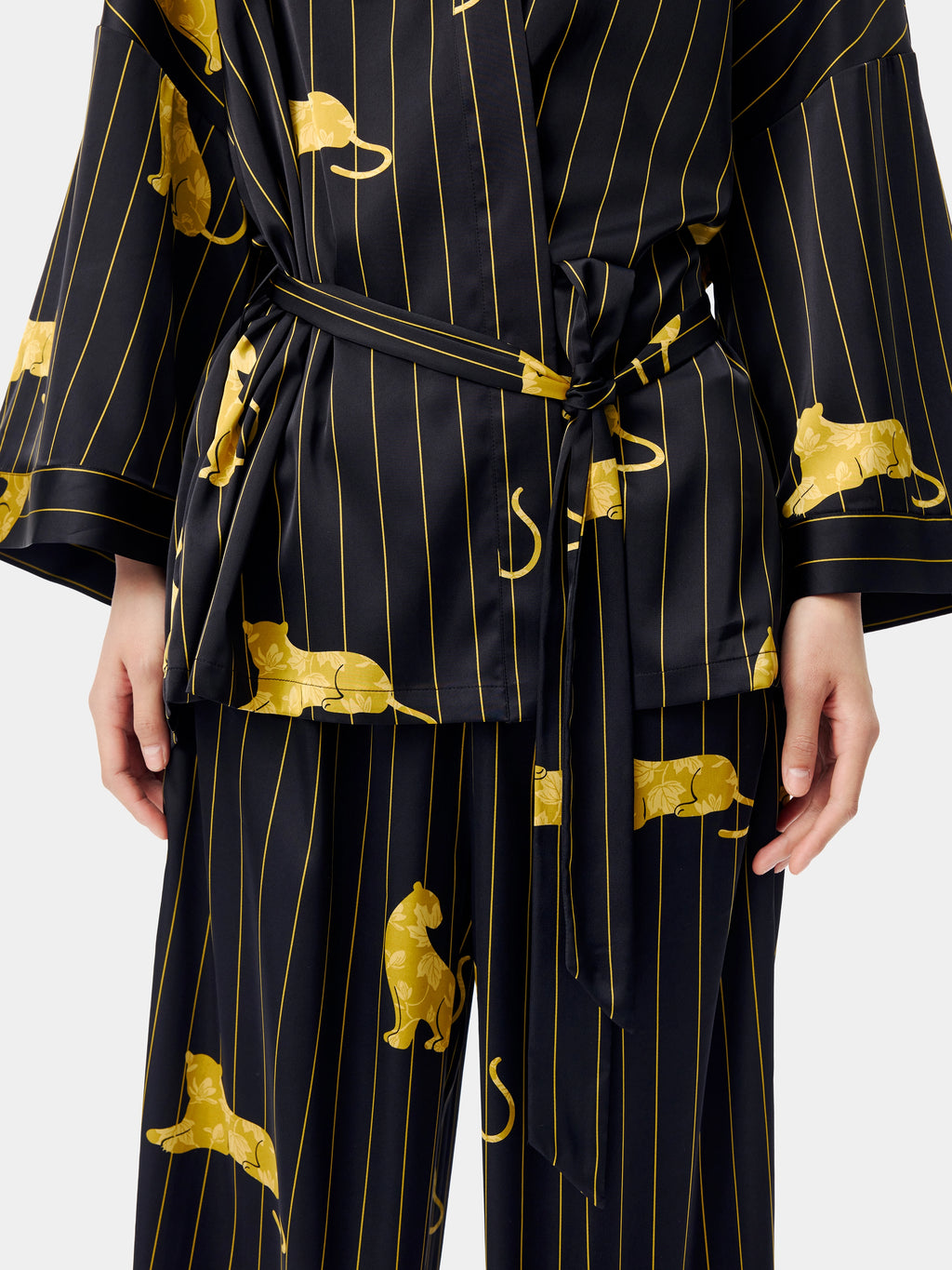 "Urban Jungle" Black Panther Satin Loungewear Set Robe & Pants – Dark Gold