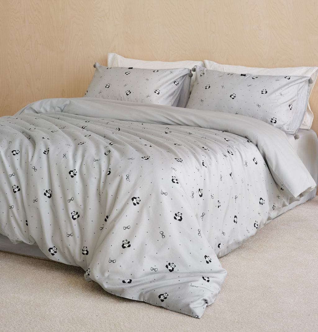 "Panda PomPom"  cotton sateen bedding set Gray