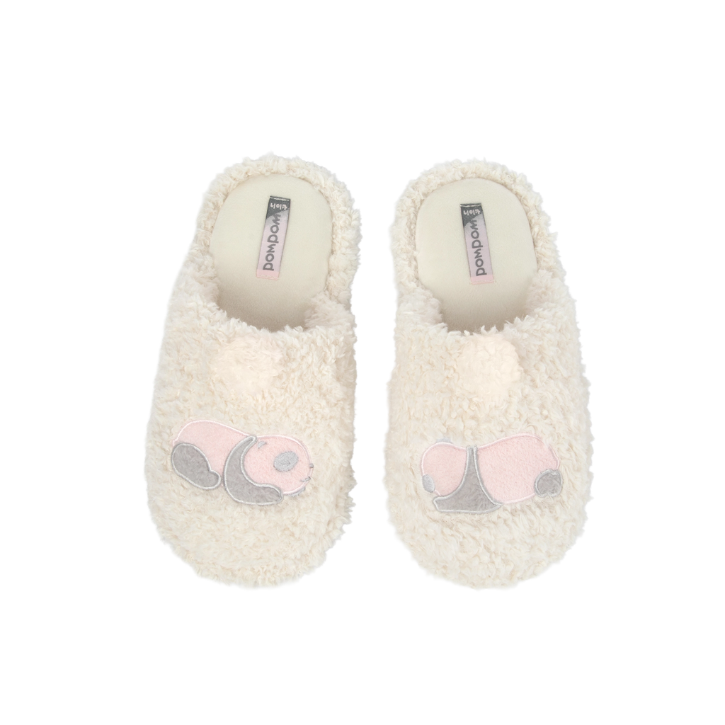 "Panda PomPom" Fluffy Slippers – Cream White