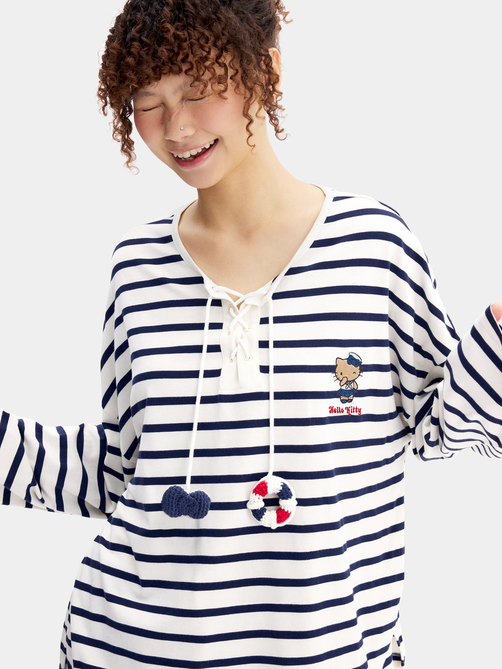 "Hello Kitty" Jersey Breton Stripe Loungewear Set Long Sleeve – Blue & White
