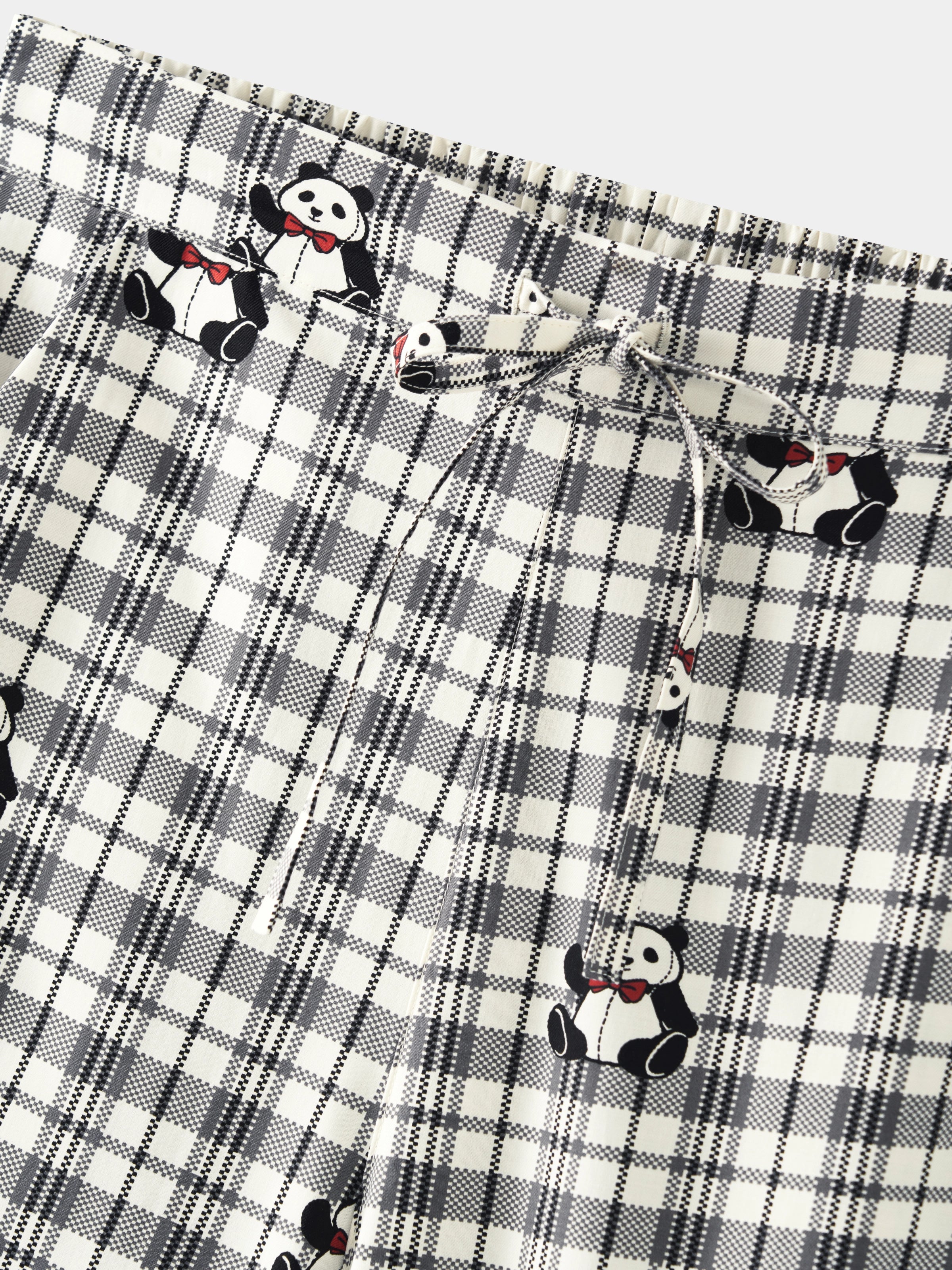 "Panda PomPom" Tencel Cotton Blend Loungewear Set – Black Grid