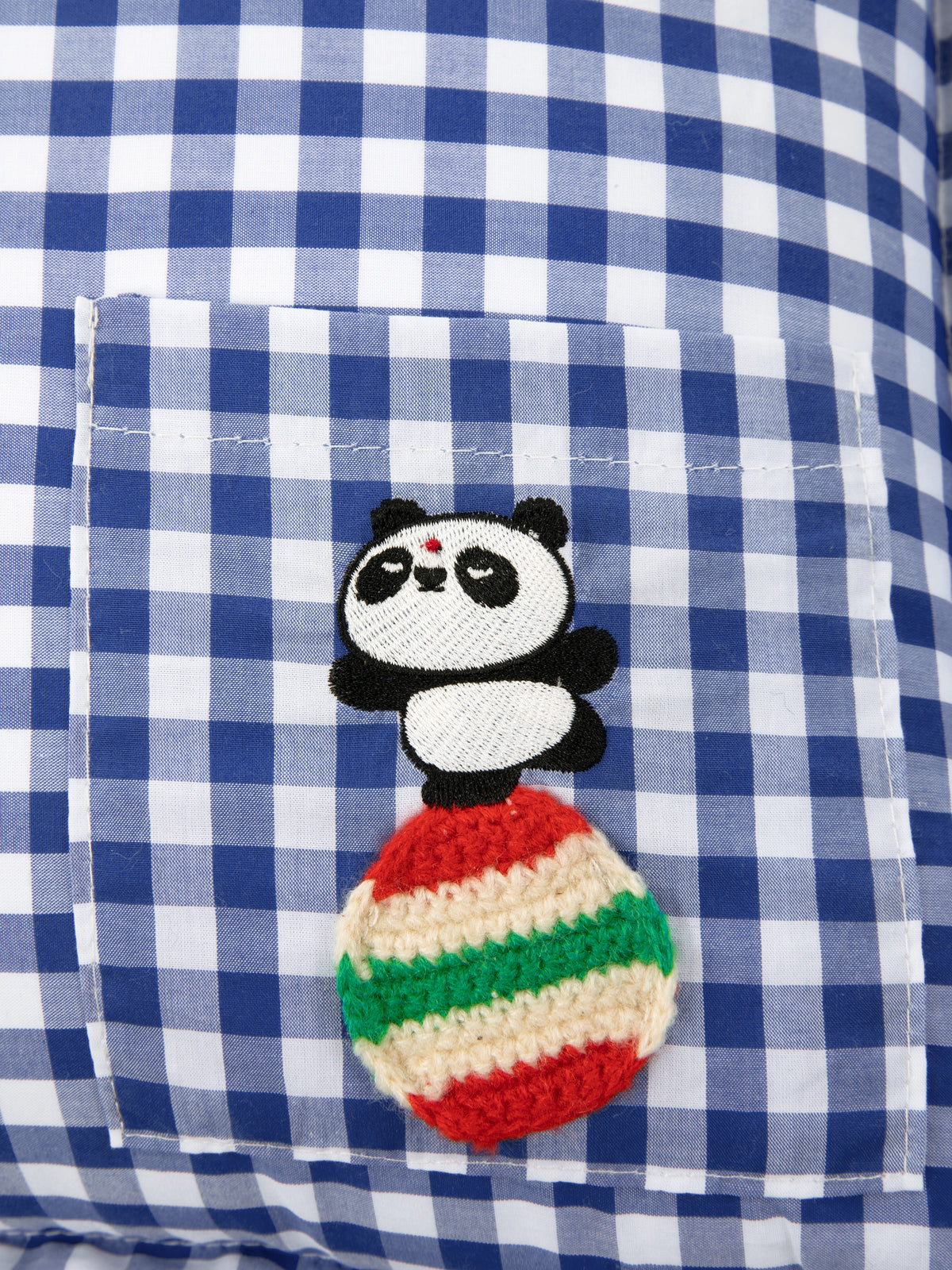 "panda pompom" Pankou Cushion – Blue Gingham