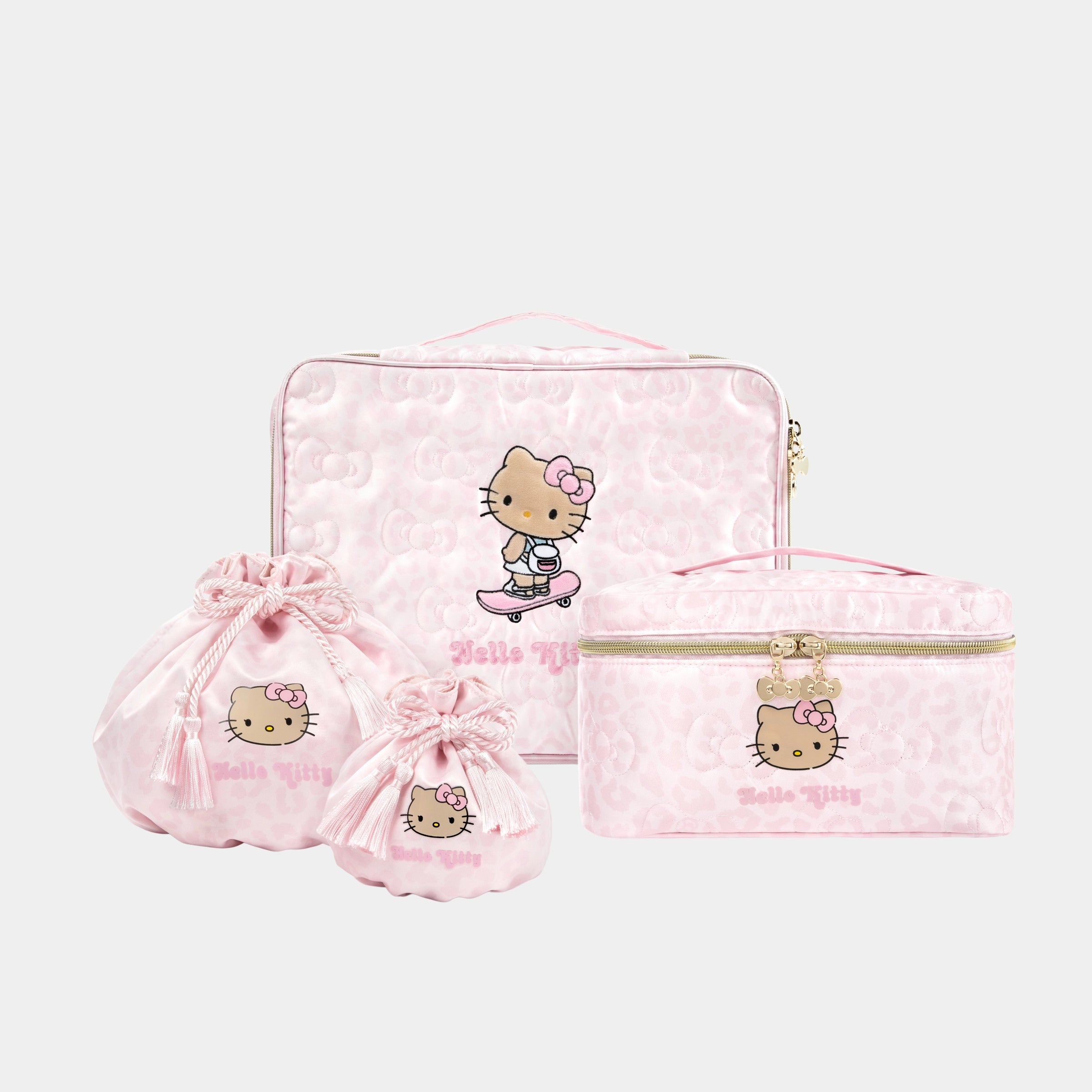 "Hello Kitty" Travel Drawstring Bag Set – Pink Leopard