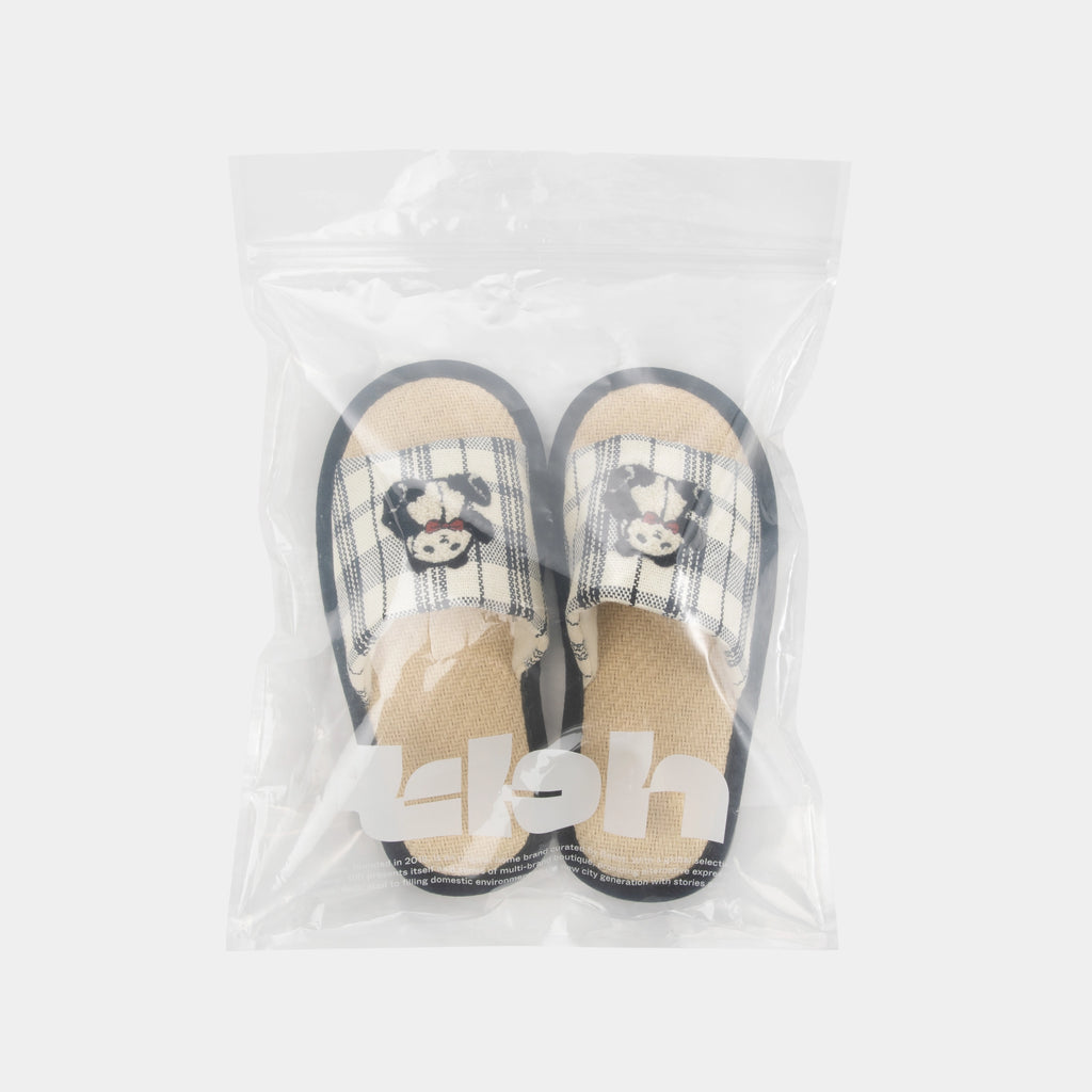 "Panda PomPom" Woven Slippers – Black Grid