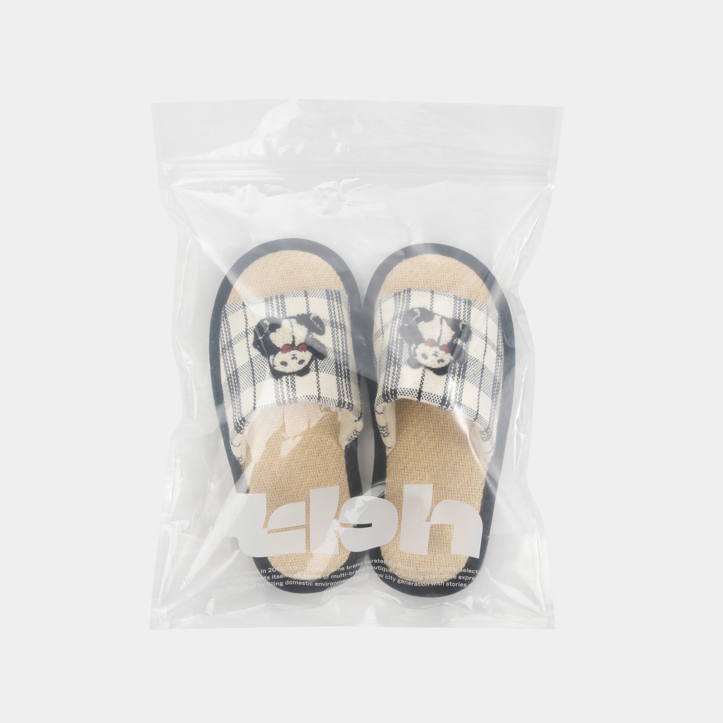 "Panda PomPom" Woven Slippers – Black Grid