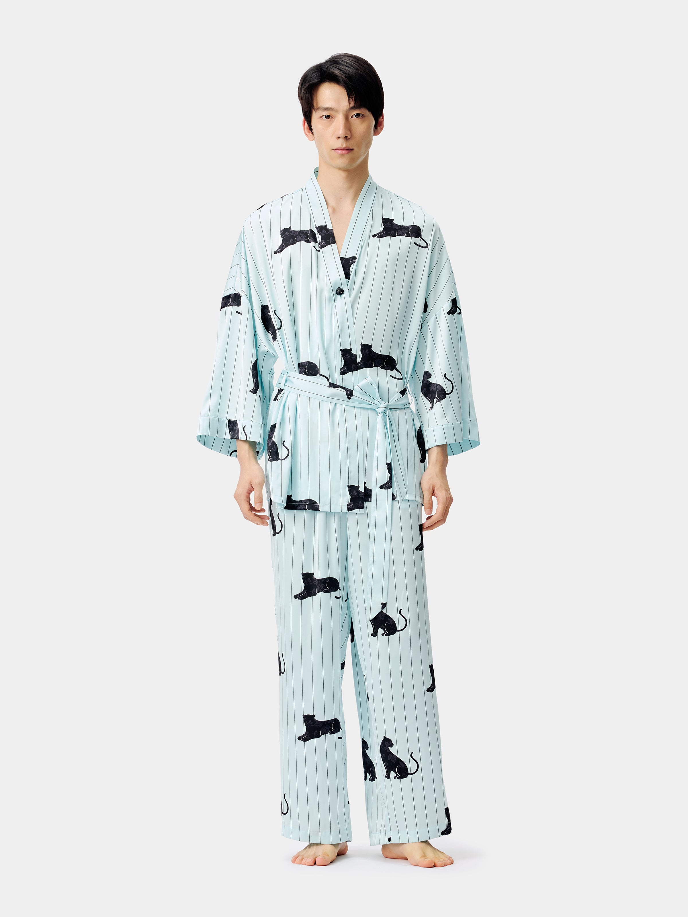 "Urban Jungle" Black Panther Satin Loungewear Set Robe & Pants – Mist Blue