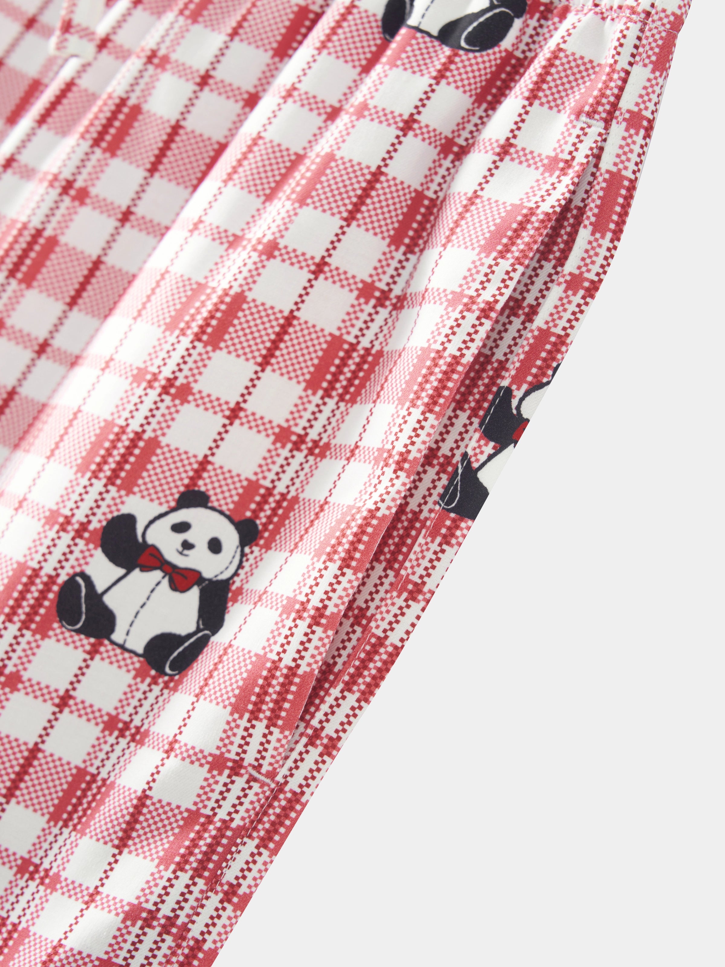 "Panda PomPom" Tencel Cotton Blend Short Sleeve Loungewear Set – Red Grid