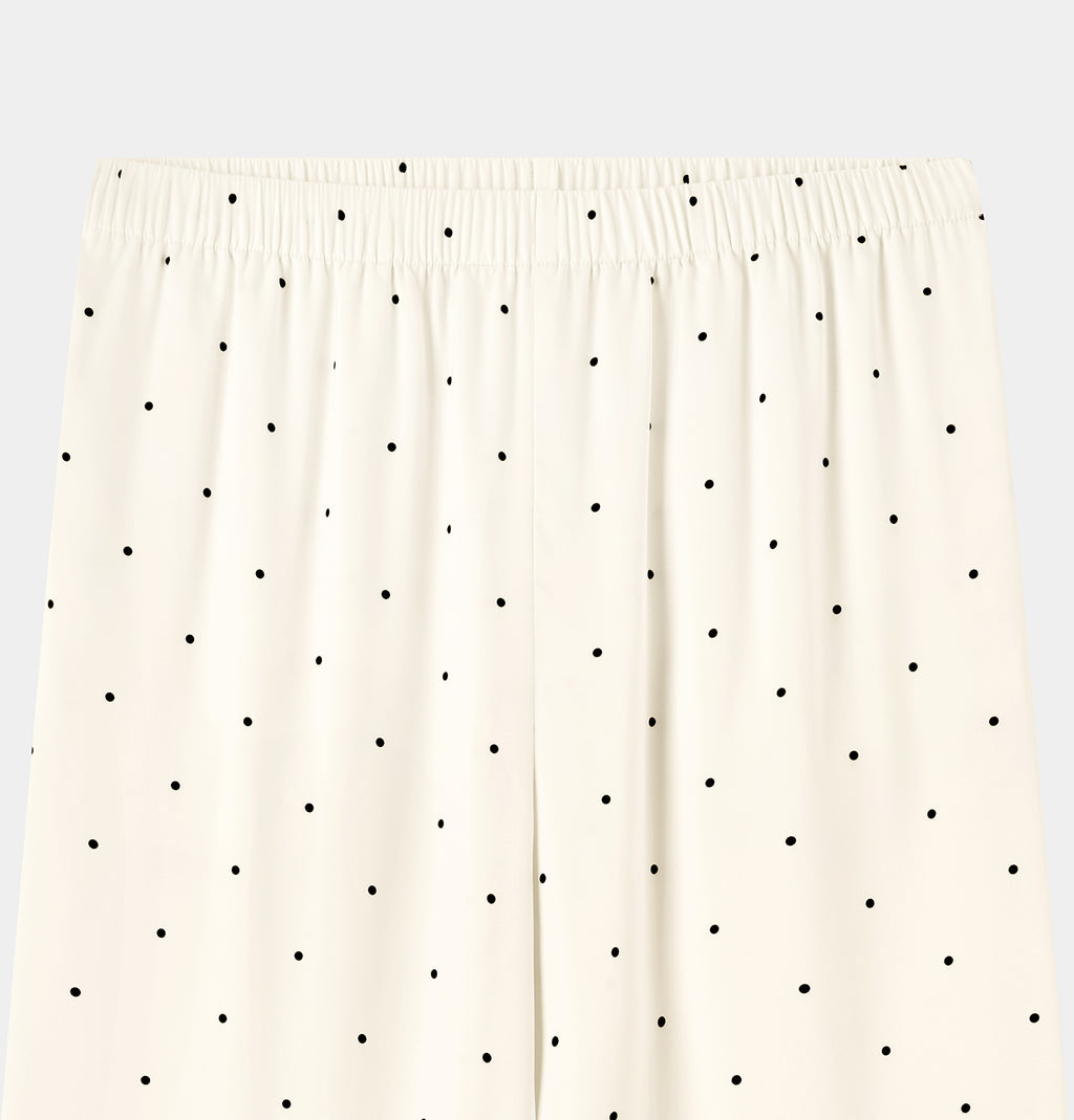 "Panda PomPom" Chinese-Style Satin Loungewear Set – White Polka Dot