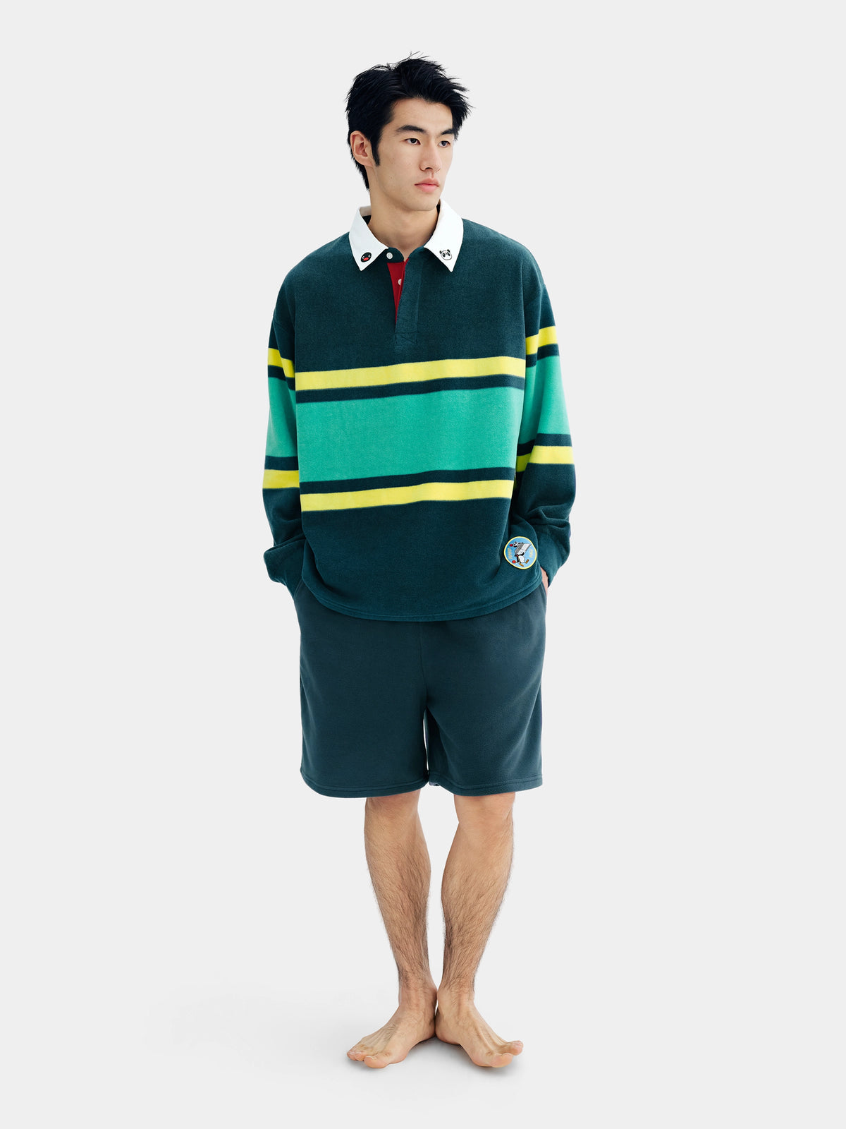 PIN!POM! Fleece Polo Loungewear Set-Long Sleeve & Shorts-Yellow & Green Stripes