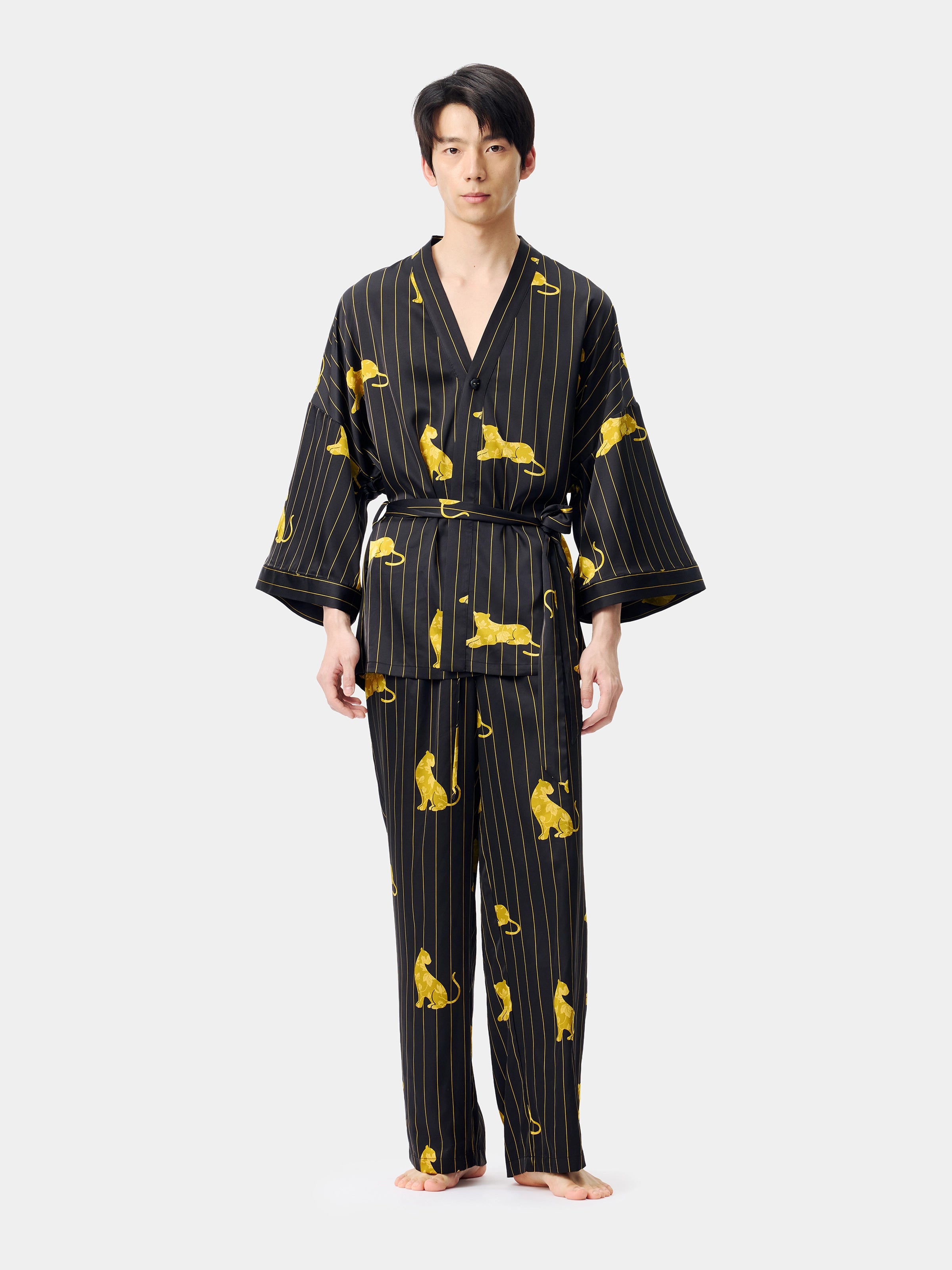 "Urban Jungle" Black Panther Satin Loungewear Set Robe & Pants – Dark Gold
