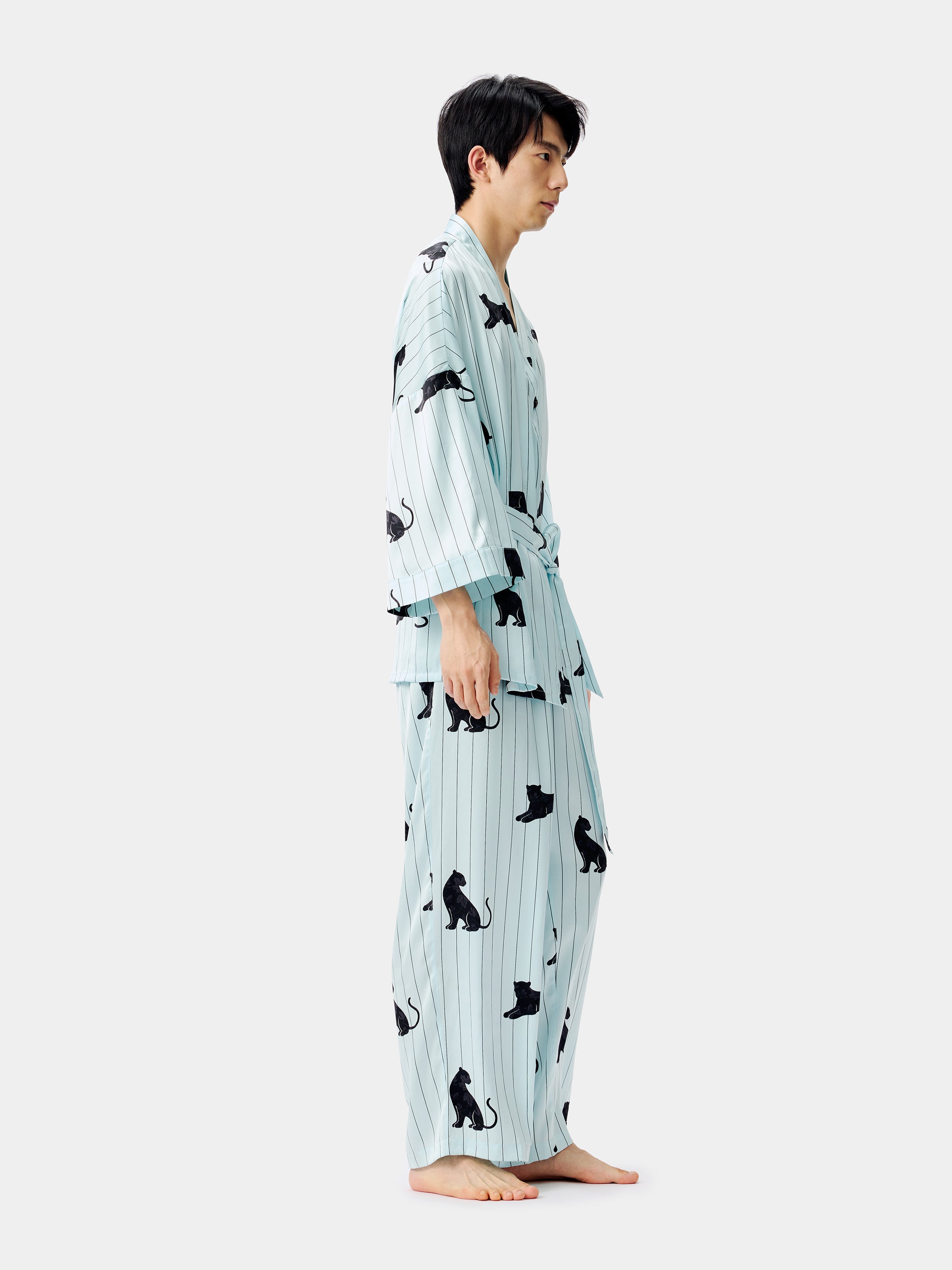 "Urban Jungle" Black Panther Satin Loungewear Set Robe & Pants – Mist Blue