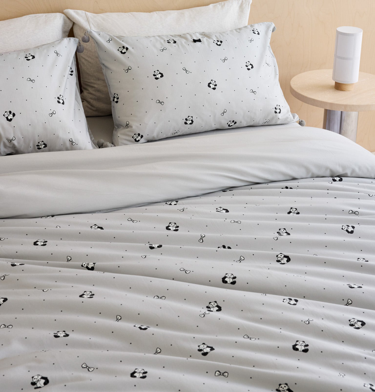 "Panda PomPom"  cotton sateen bedding set Gray